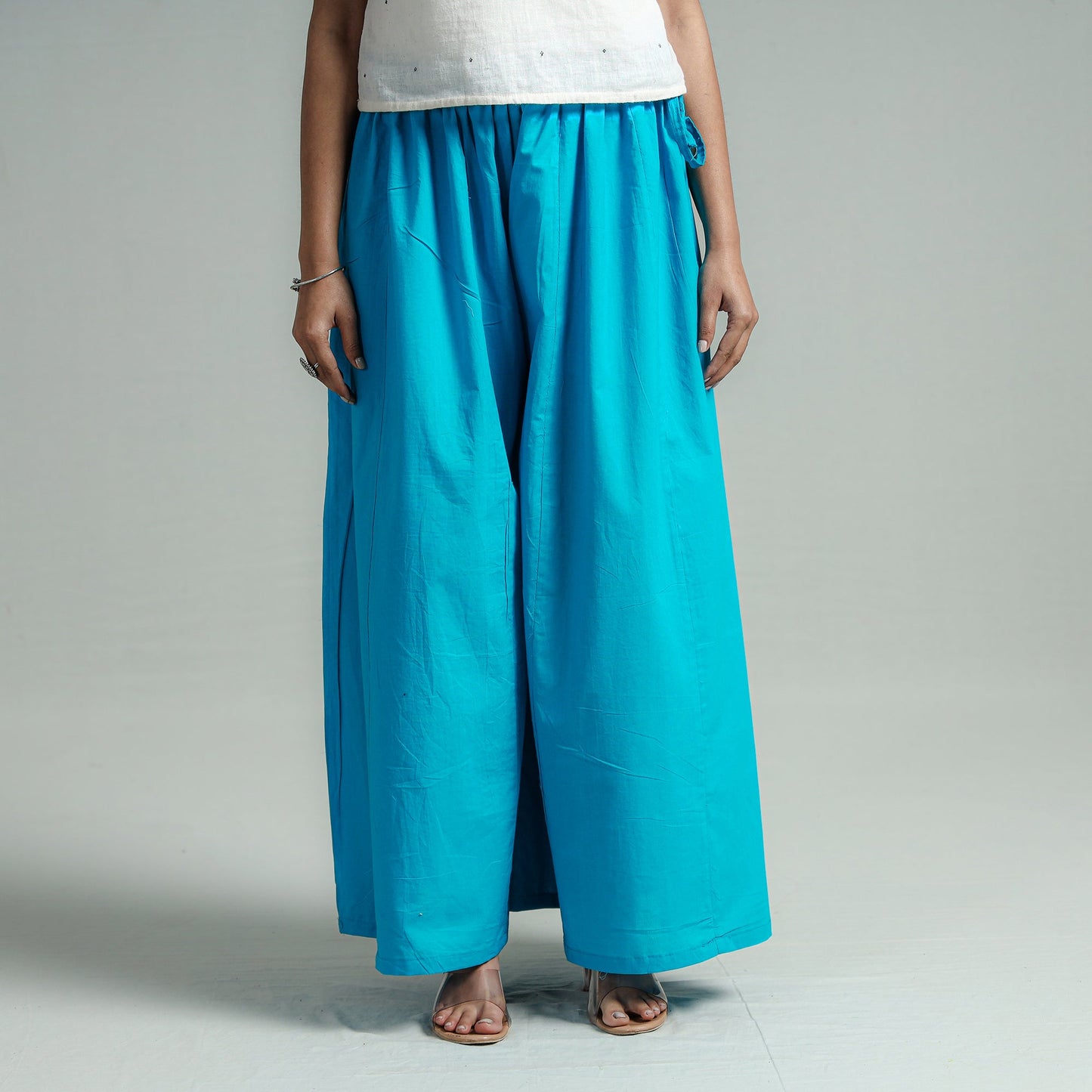 Aqua Blue Plain Dyed Cotton Flared Palazzo | iTokri