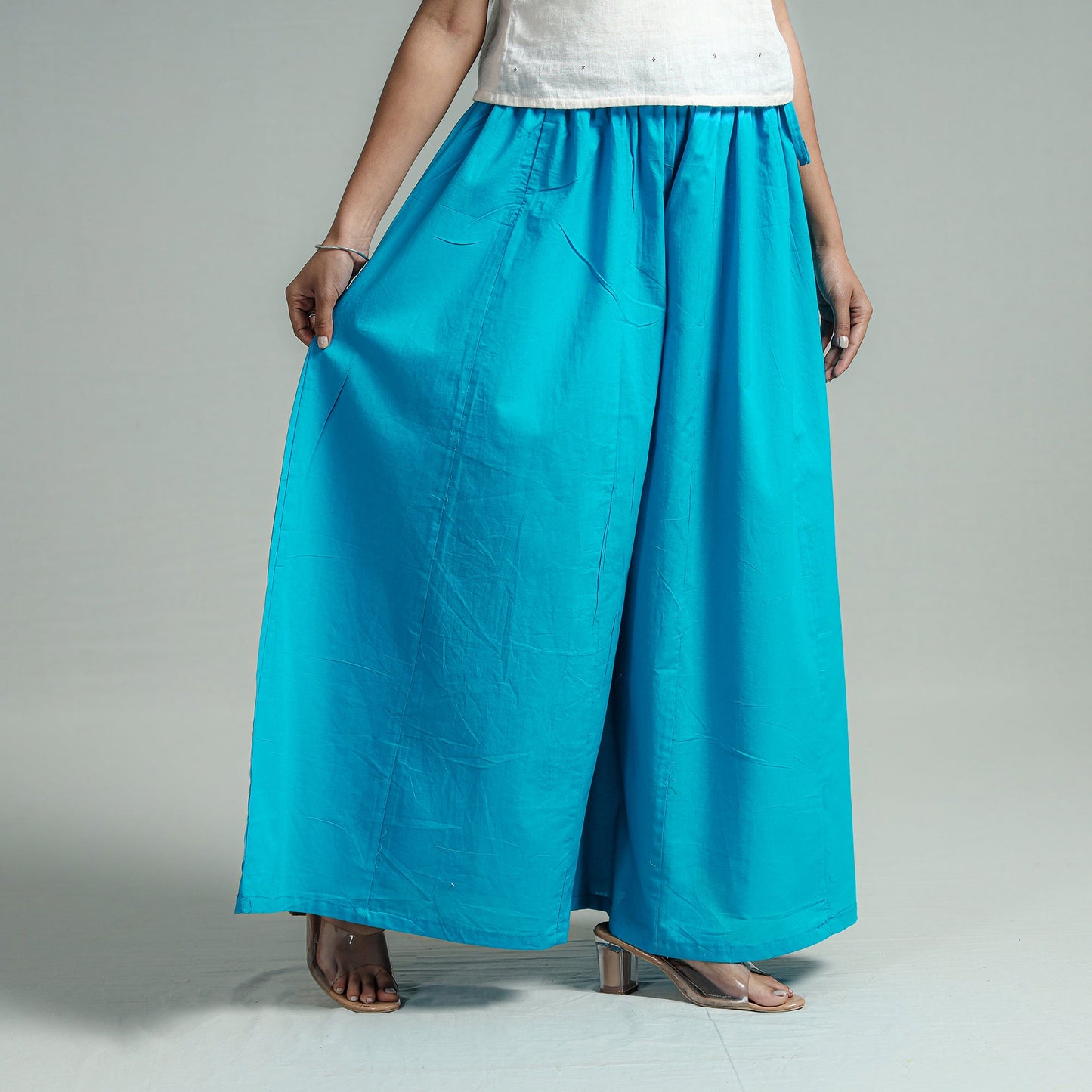 Aqua Blue Plain Dyed Cotton Flared Palazzo | iTokri