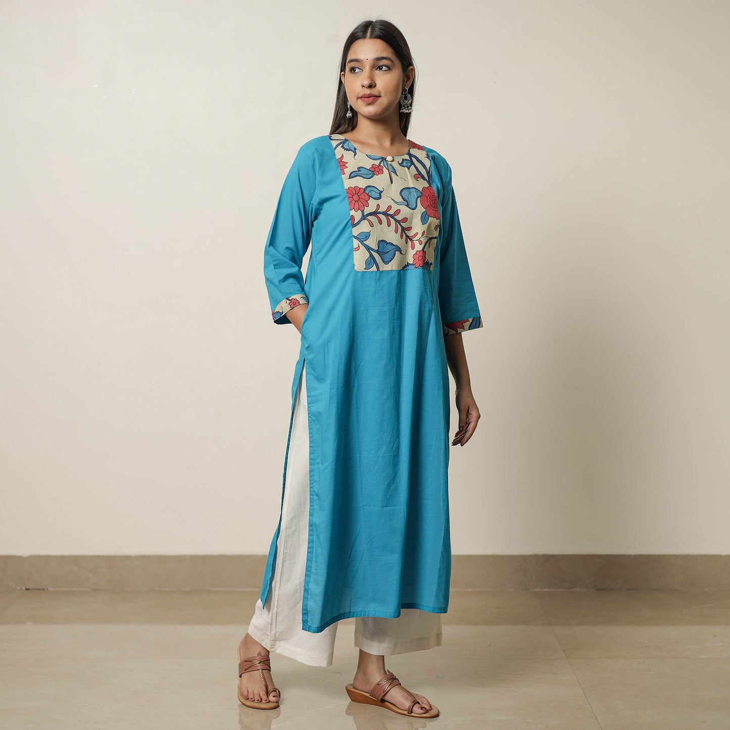 Srikalahasti Kalamkari Patchwork Plain Cotton Long Straight Kurta 17