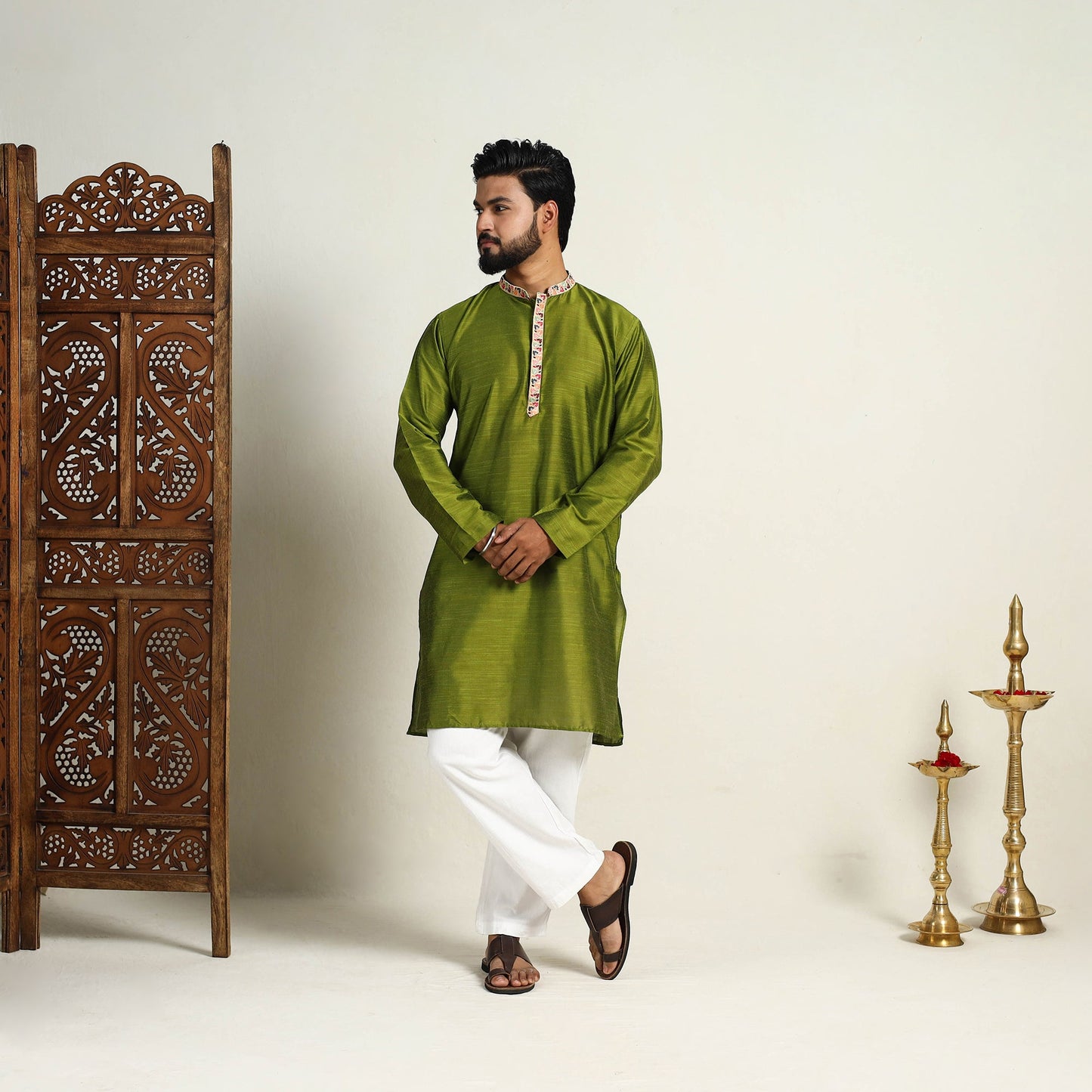 Avocado Green Slub Silk Kurta for Men with embellished Neckline Work
