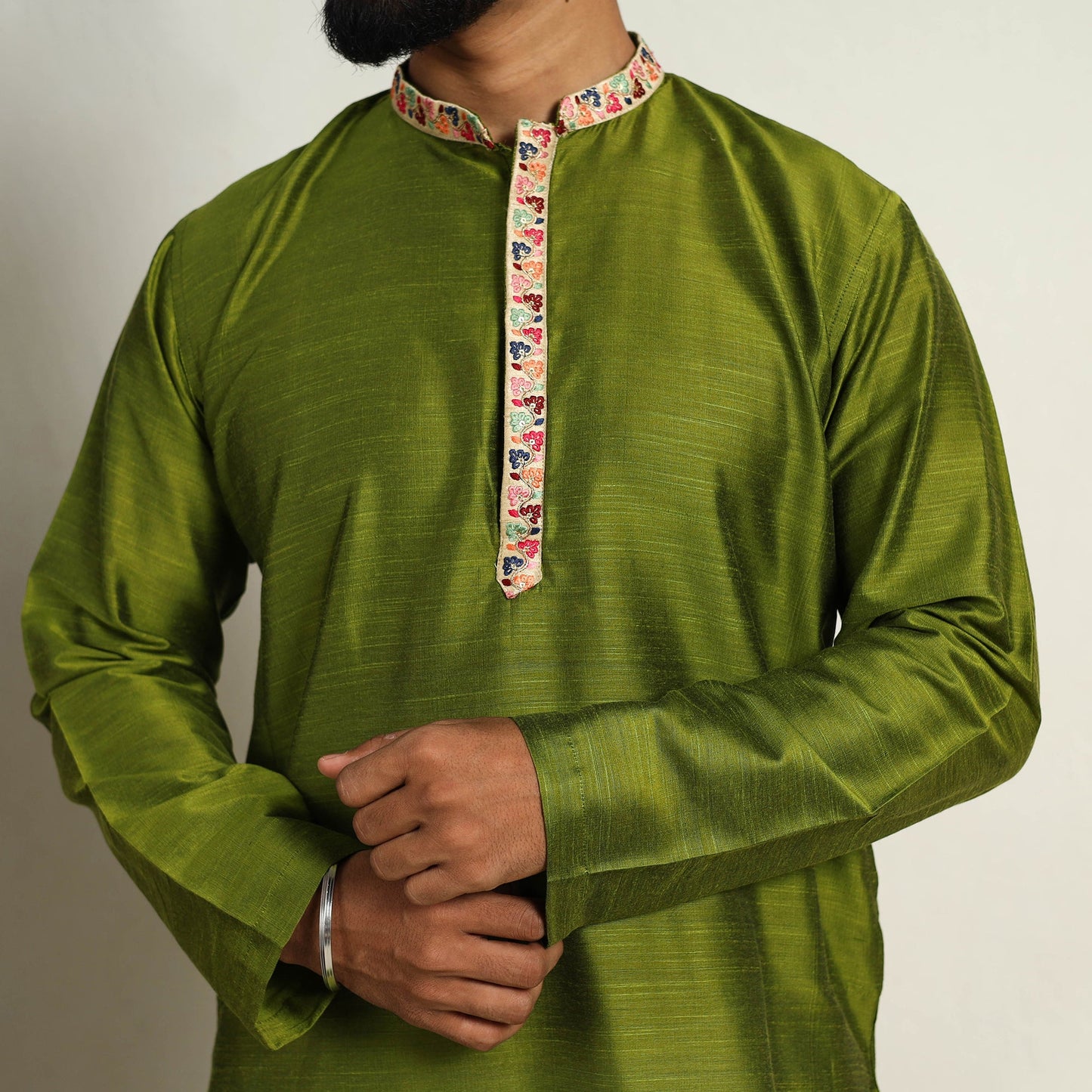 Avocado Green Slub Silk Kurta for Men with embellished Neckline Work