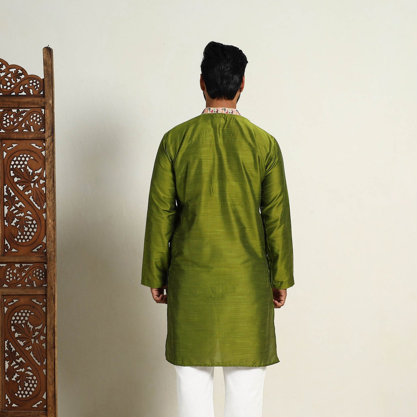 Avocado Green Slub Silk Kurta for Men with embellished Neckline Work