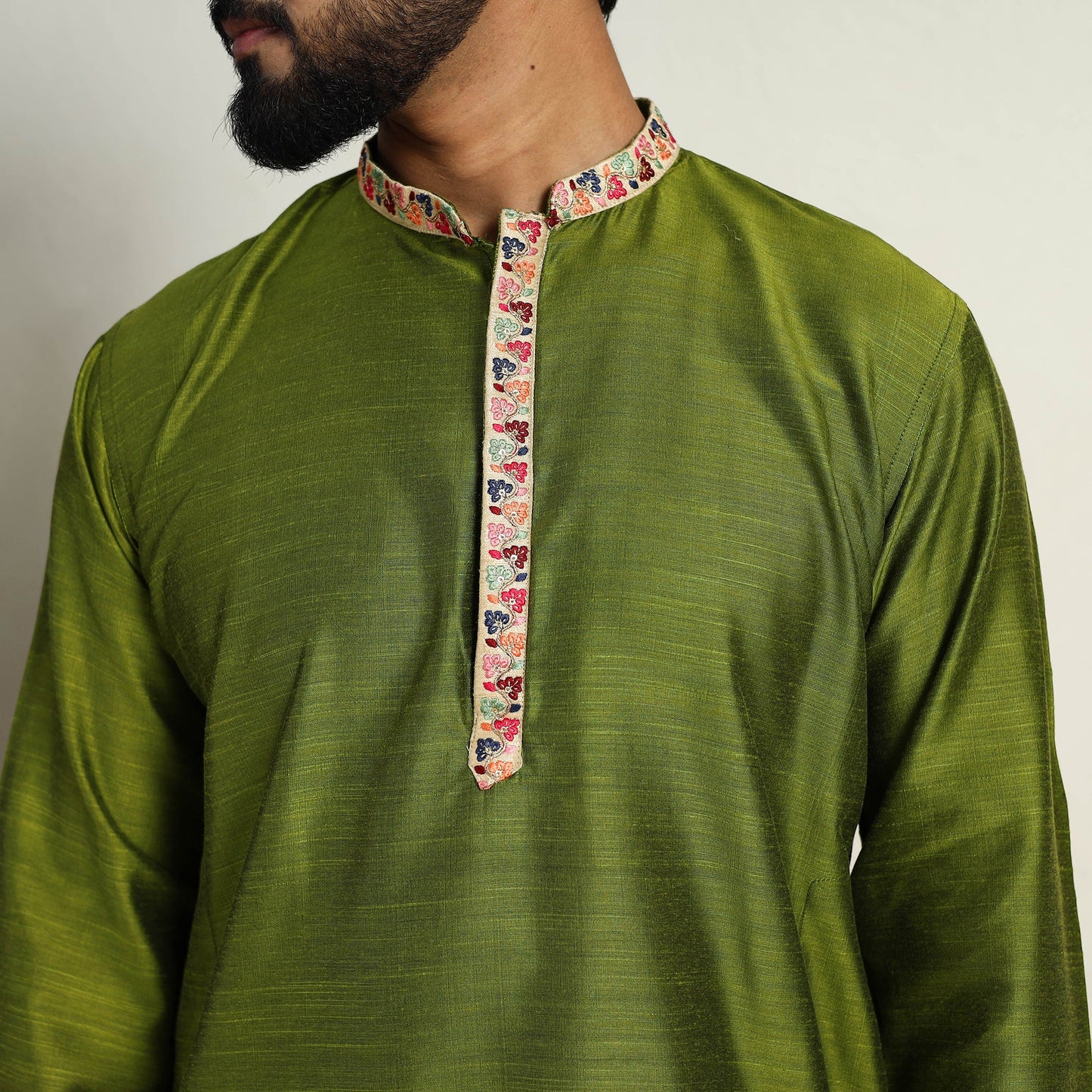 Avocado Green Slub Silk Kurta for Men with embellished Neckline Work