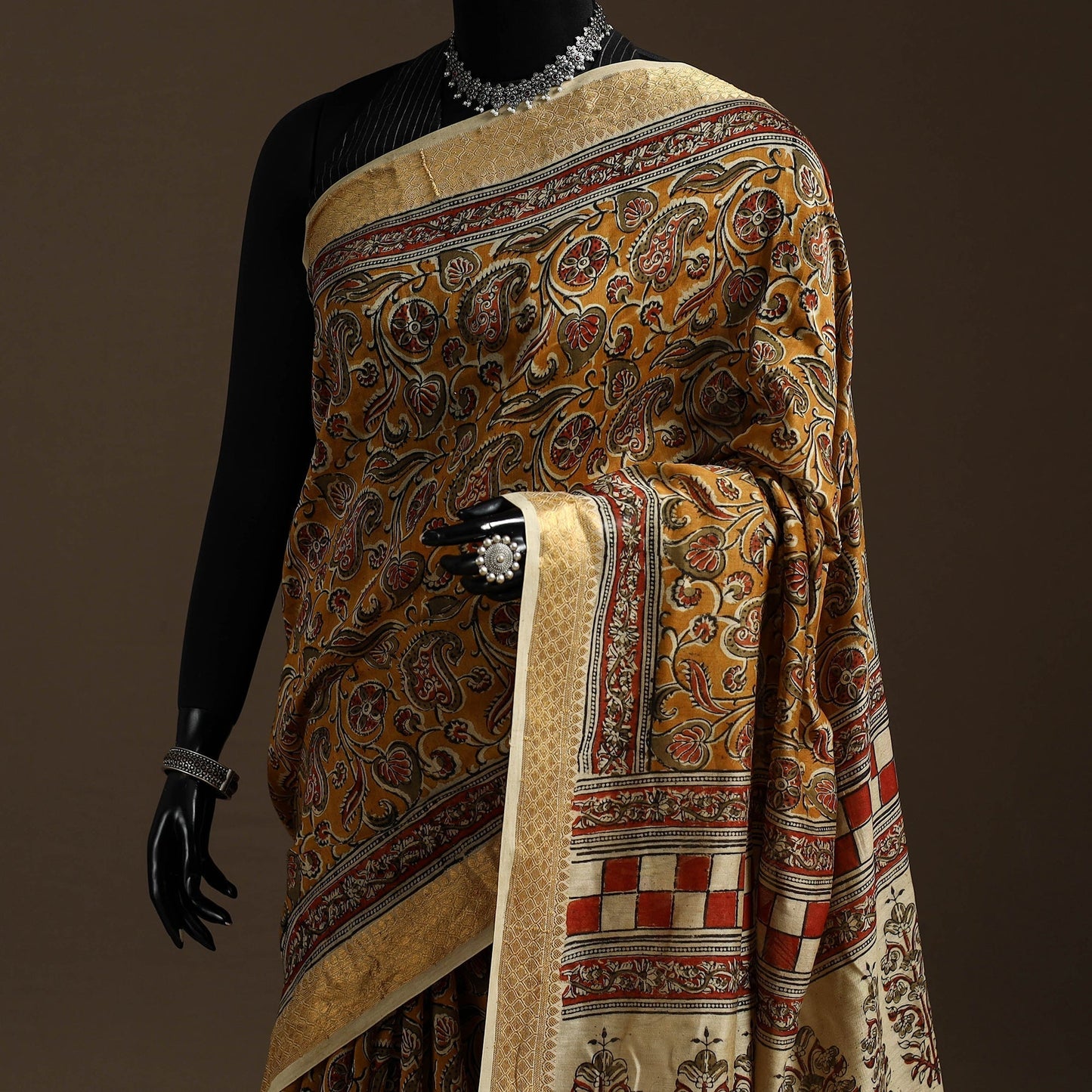 Brown - natural dyed pedana chanderi silk kalamkari saree