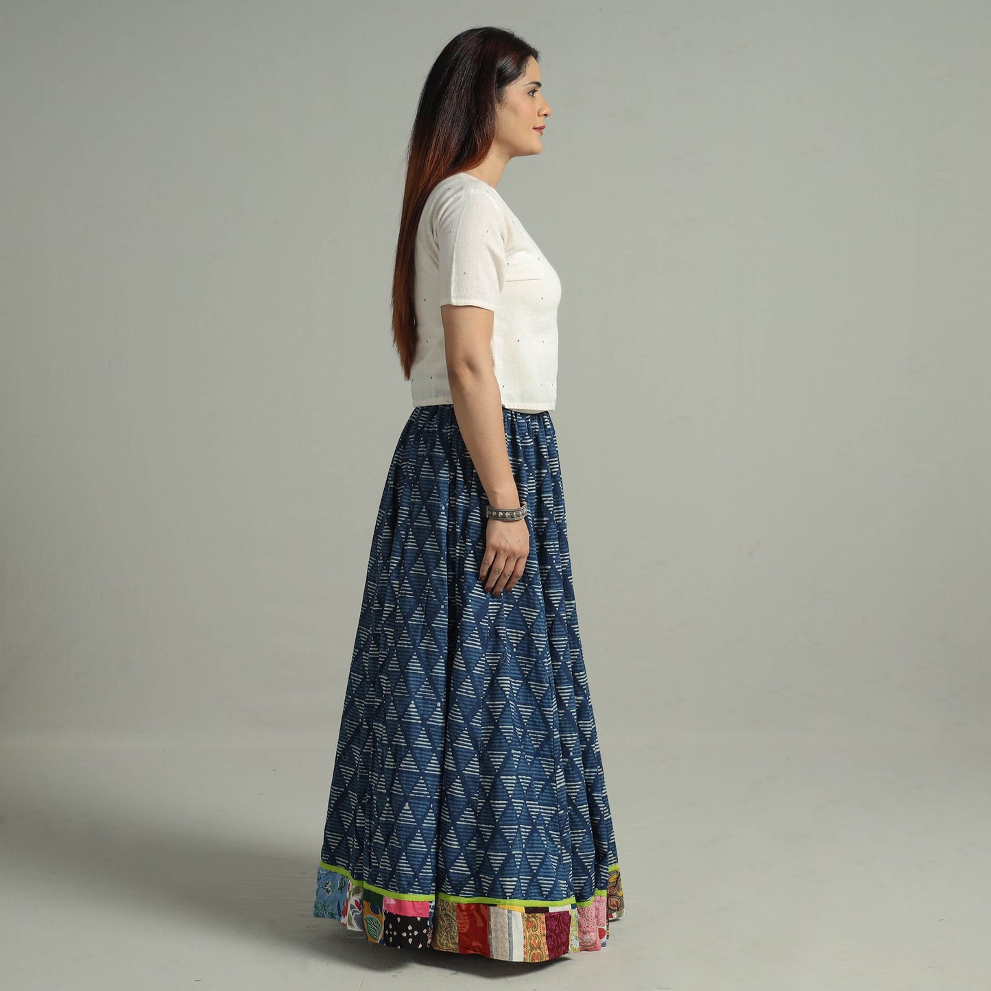 Indigo Block Printed 24 Kali Patchwork Cotton Long Skirt 19