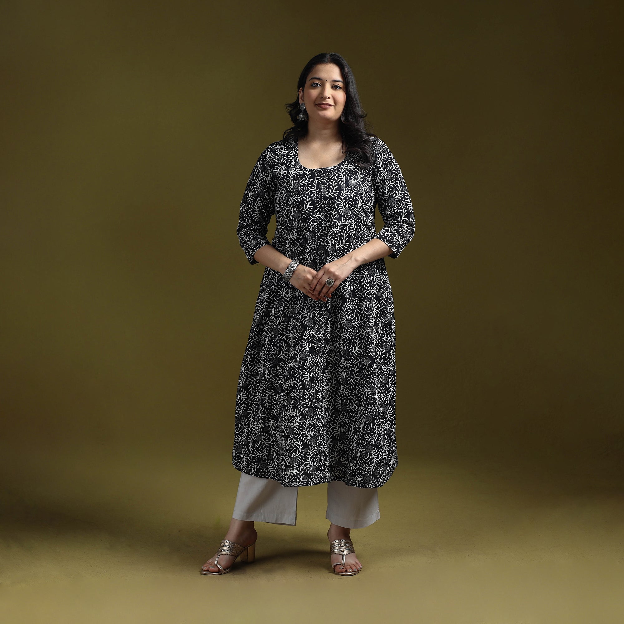 Black - Bagru Hand Block Print Syahi Begar Hand Embroidered Cotton A-Line Kurta for women 06
