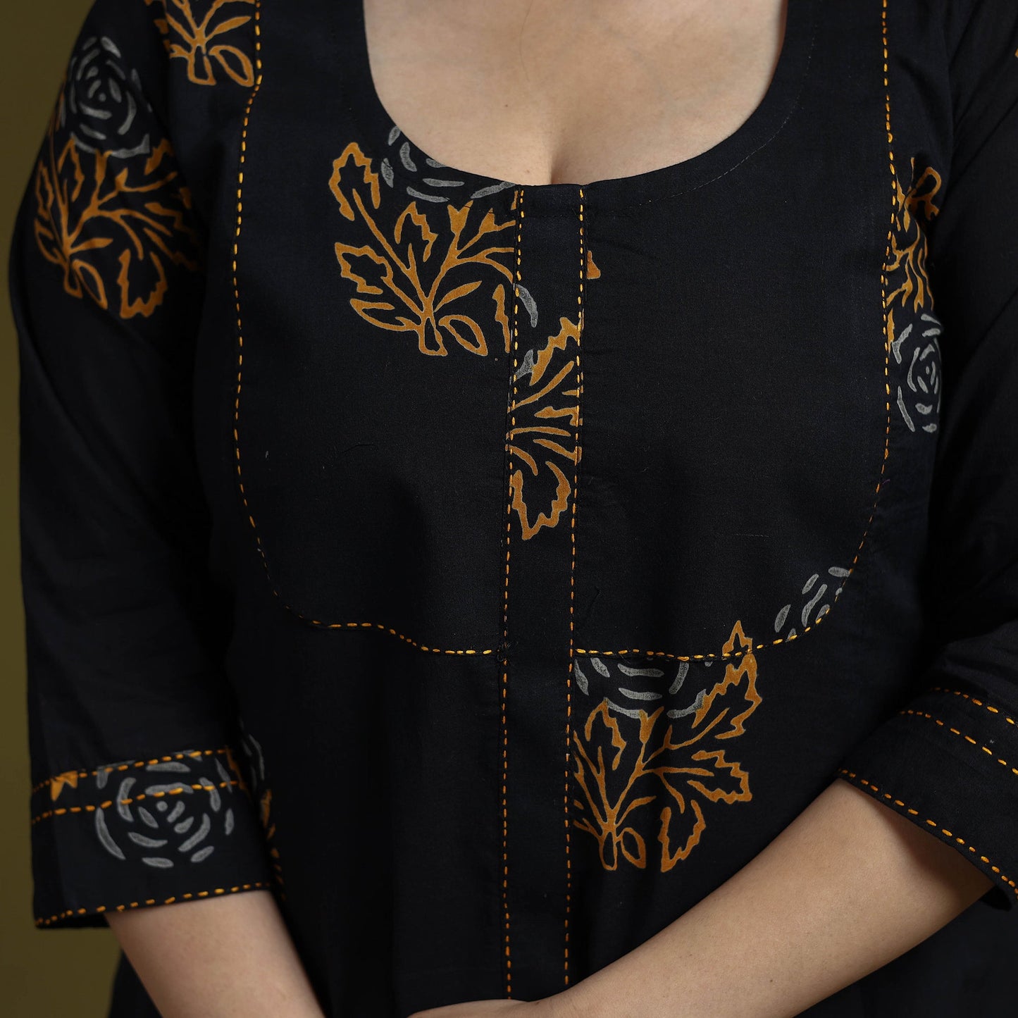 Bagru hand block print syahi begar embroidered cotton