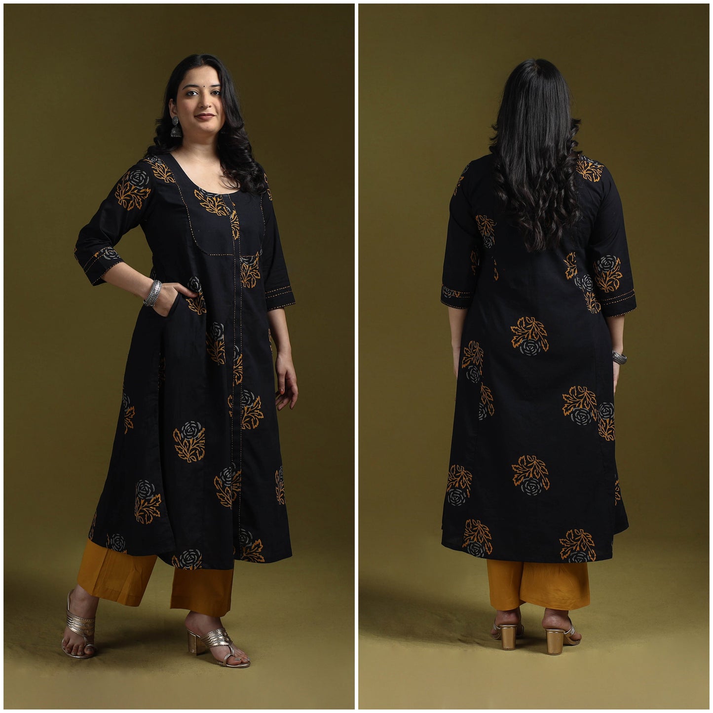 Bagru hand block print syahi begar embroidered cotton