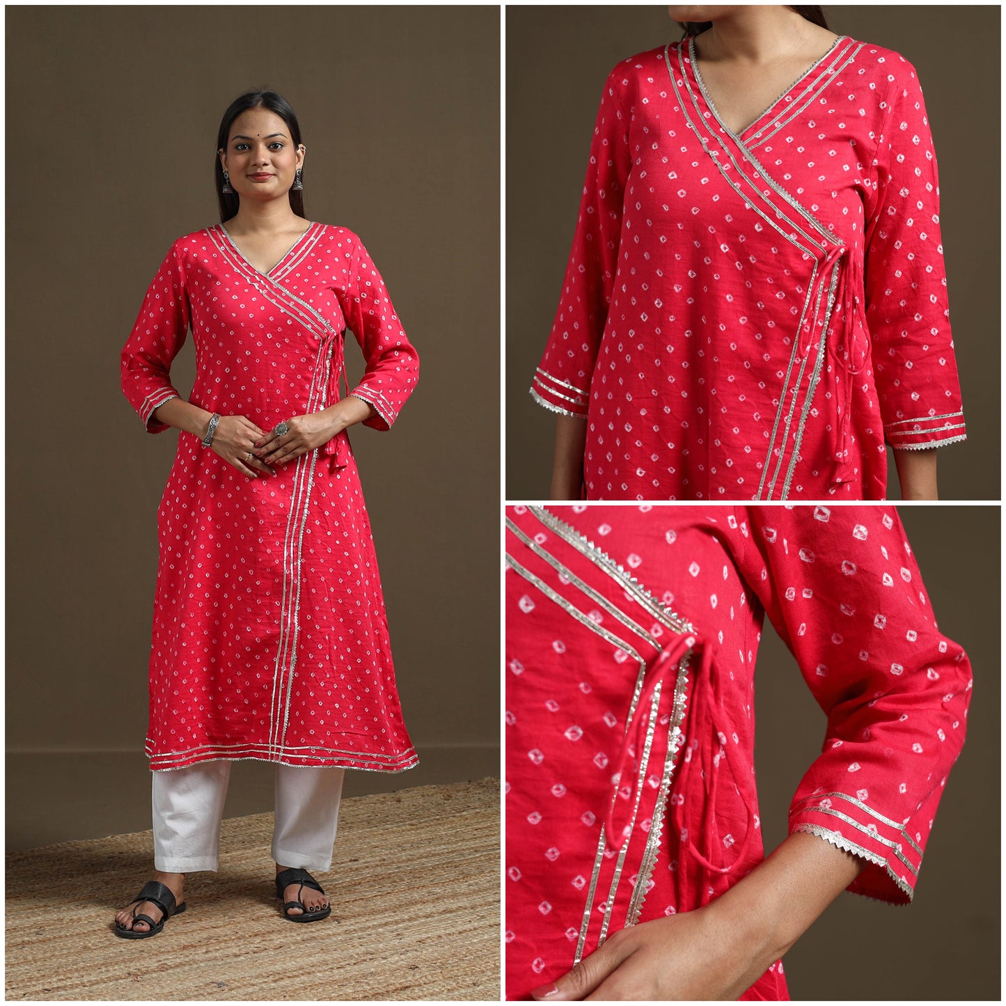 Bandhani tie-dye cotton a-line gota work kurta for women 09