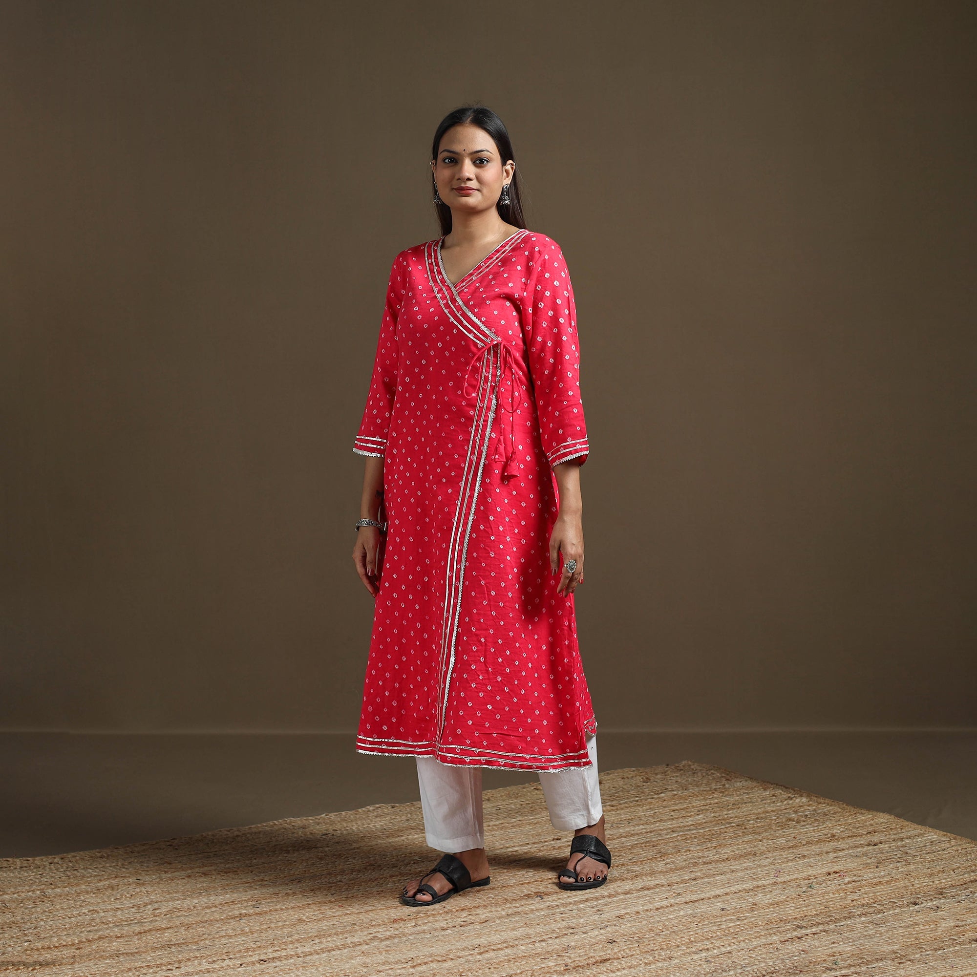 Pink - Bandhani Tie-Dye Cotton A-Line Gota Work Kurta for women 09