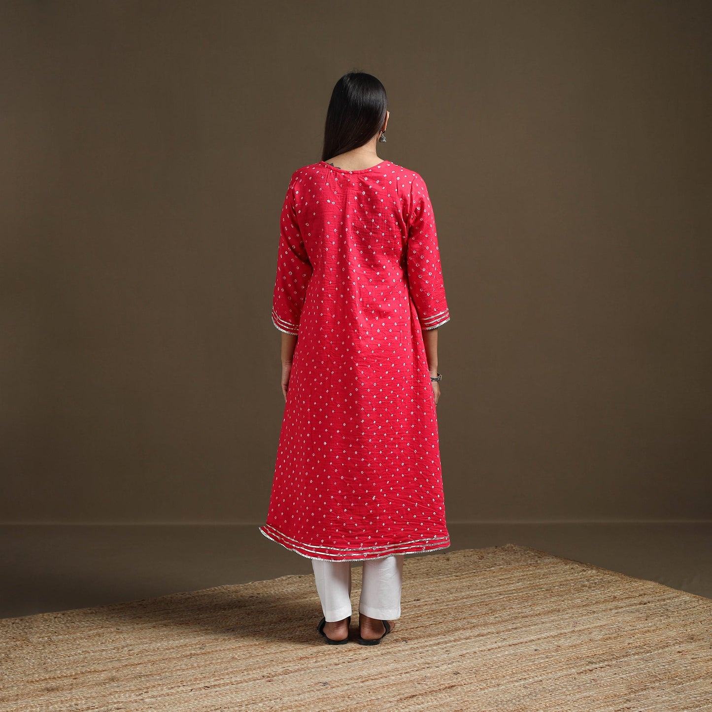 Bandhani tie-dye cotton a-line gota work kurta for women 09