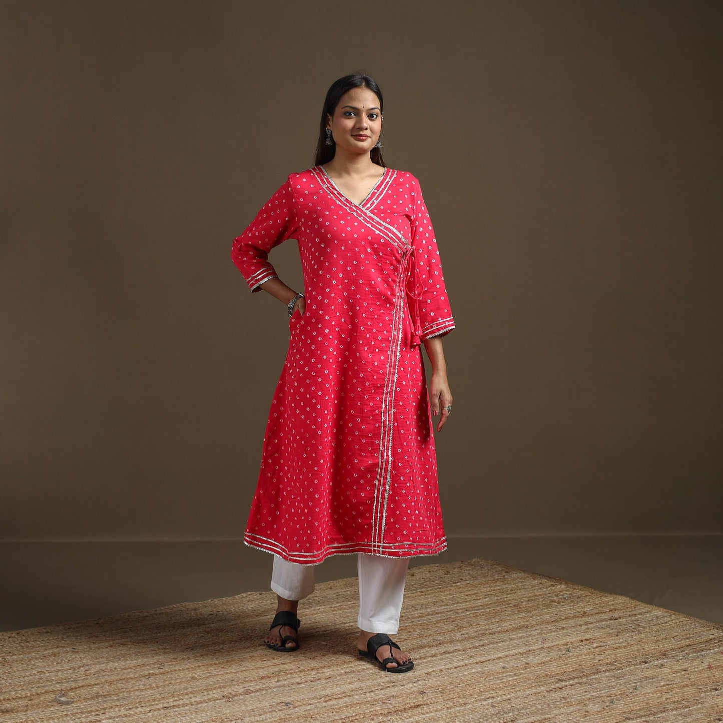 Bandhani tie-dye cotton a-line gota work kurta for women 09