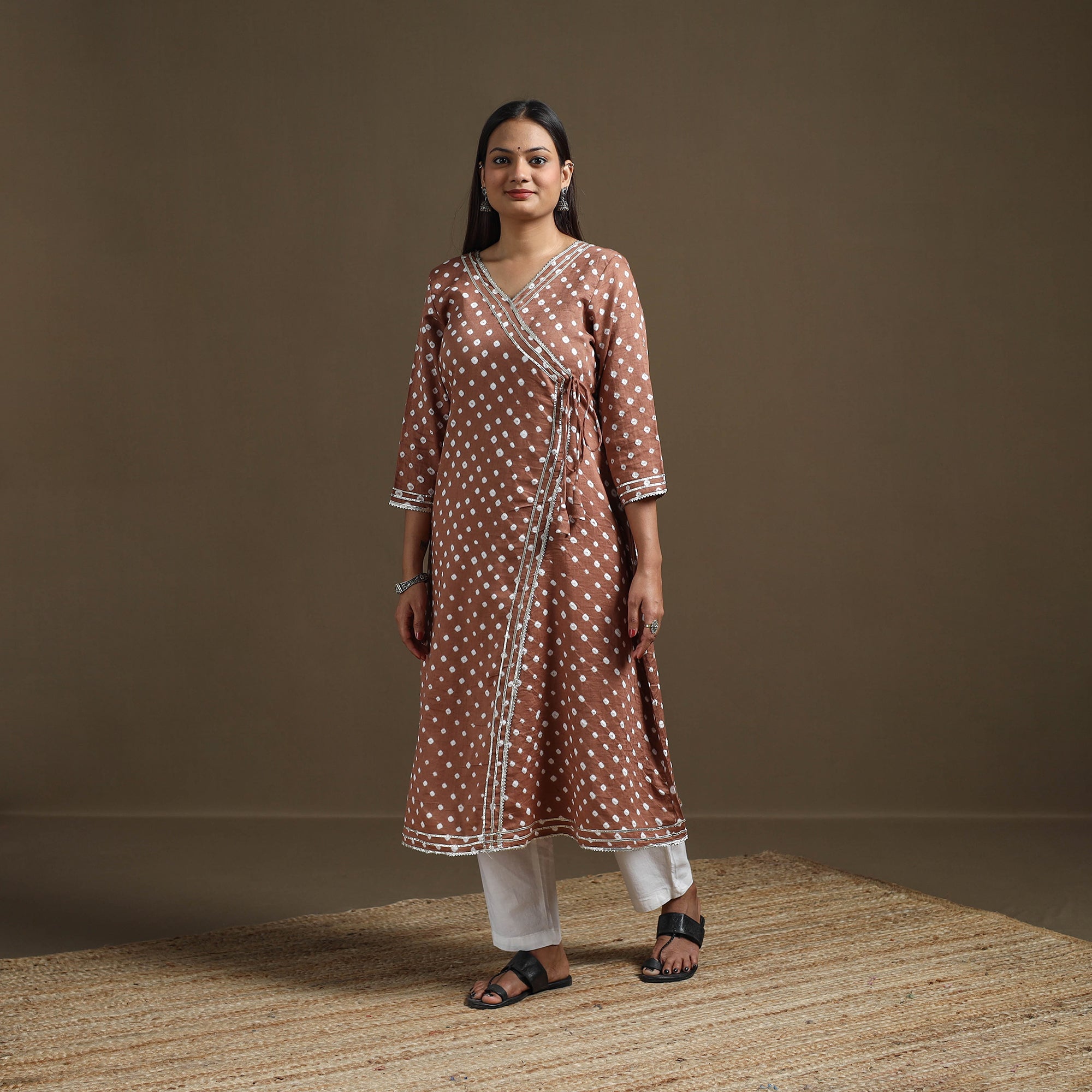 Brown - Bandhani Tie-Dye Cotton A-Line Gota Work Kurta for women 11