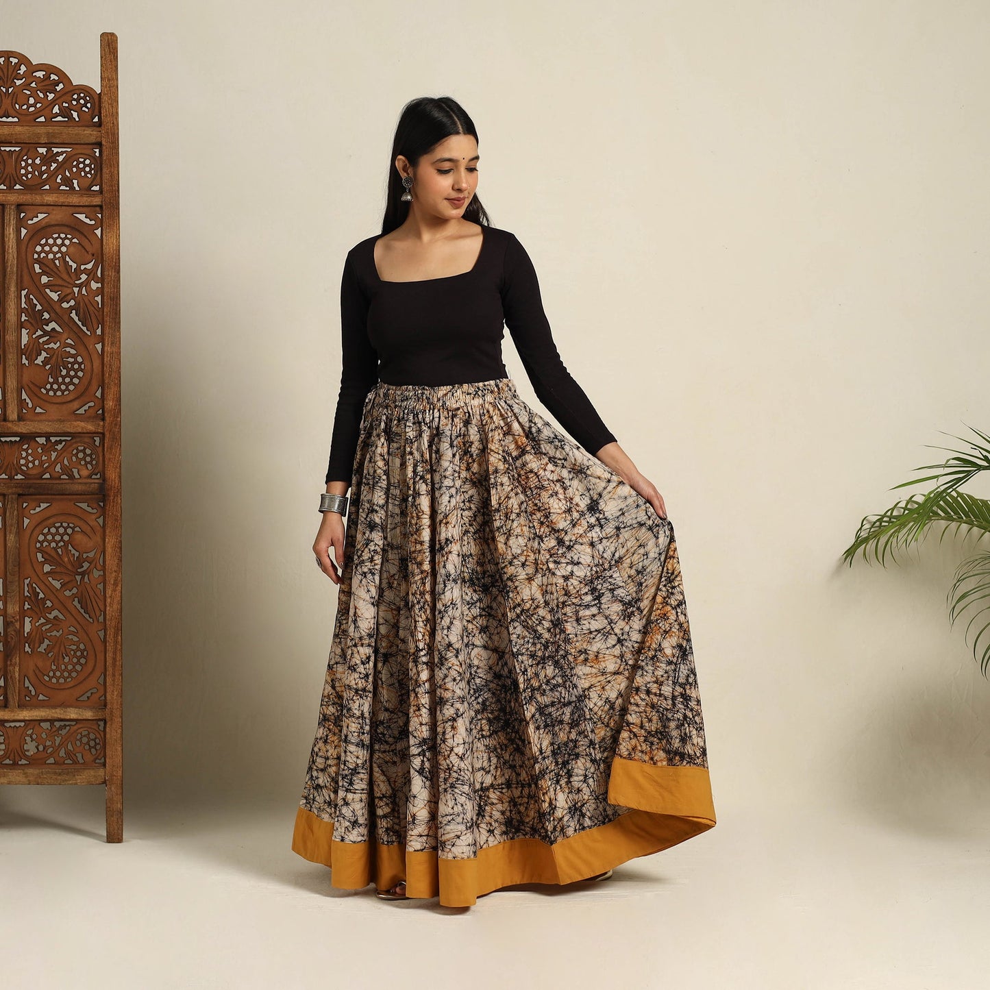 Buy 24 Kali Beige Patchwork Batik Print Cotton Long Skirt