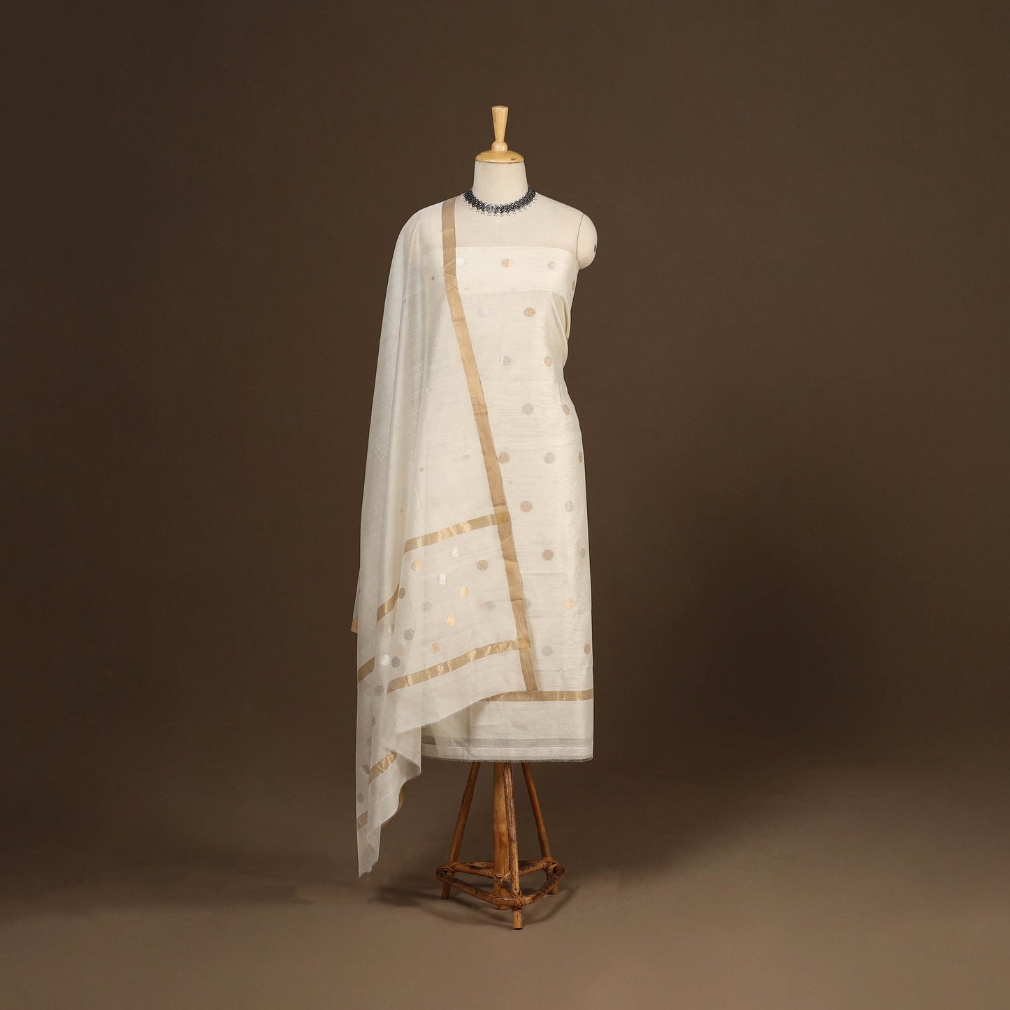 Beige - 2pc handloom zari buta unstitched chanderi silk