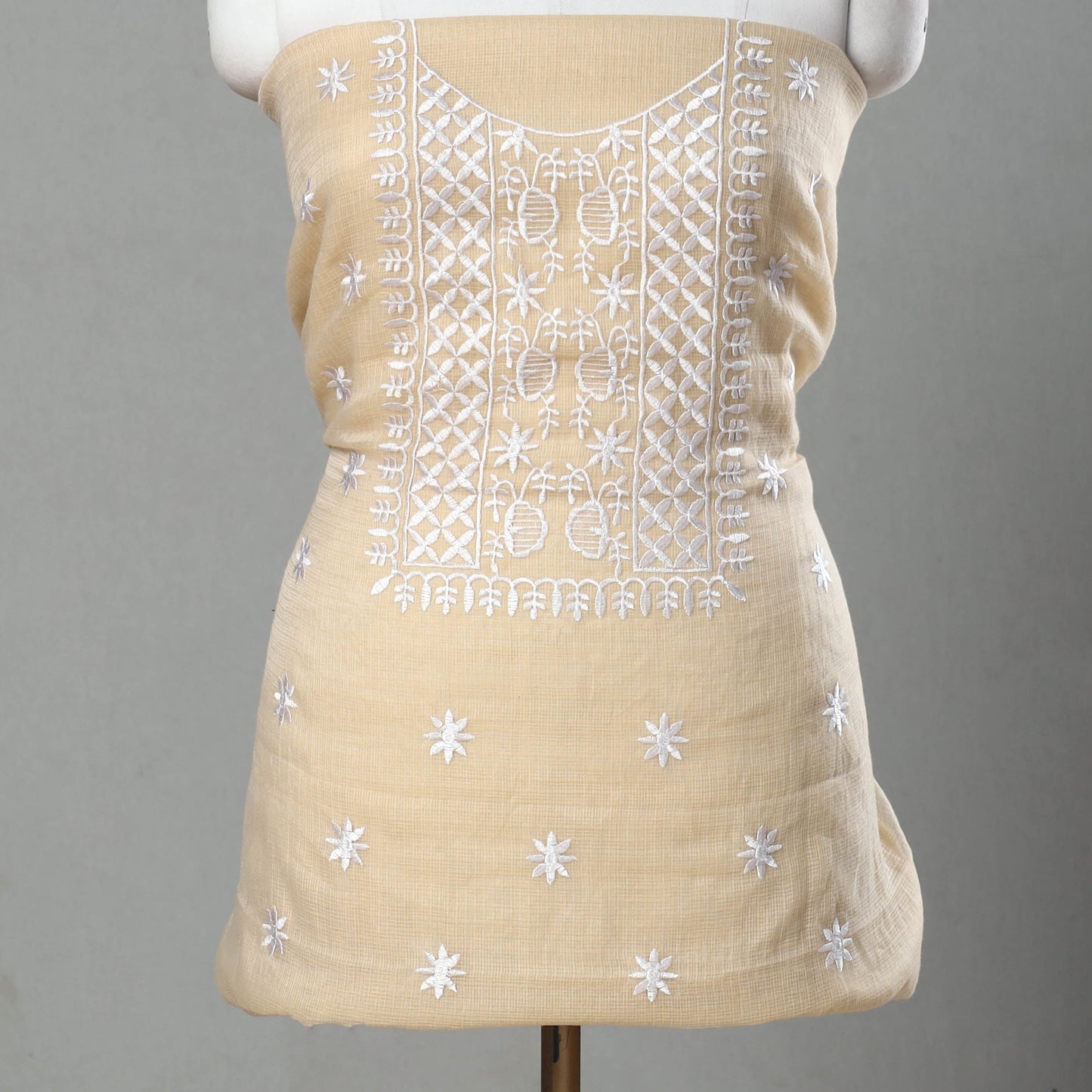 Beige 3pc Cotton Embroidered Kota Doria Dress Material