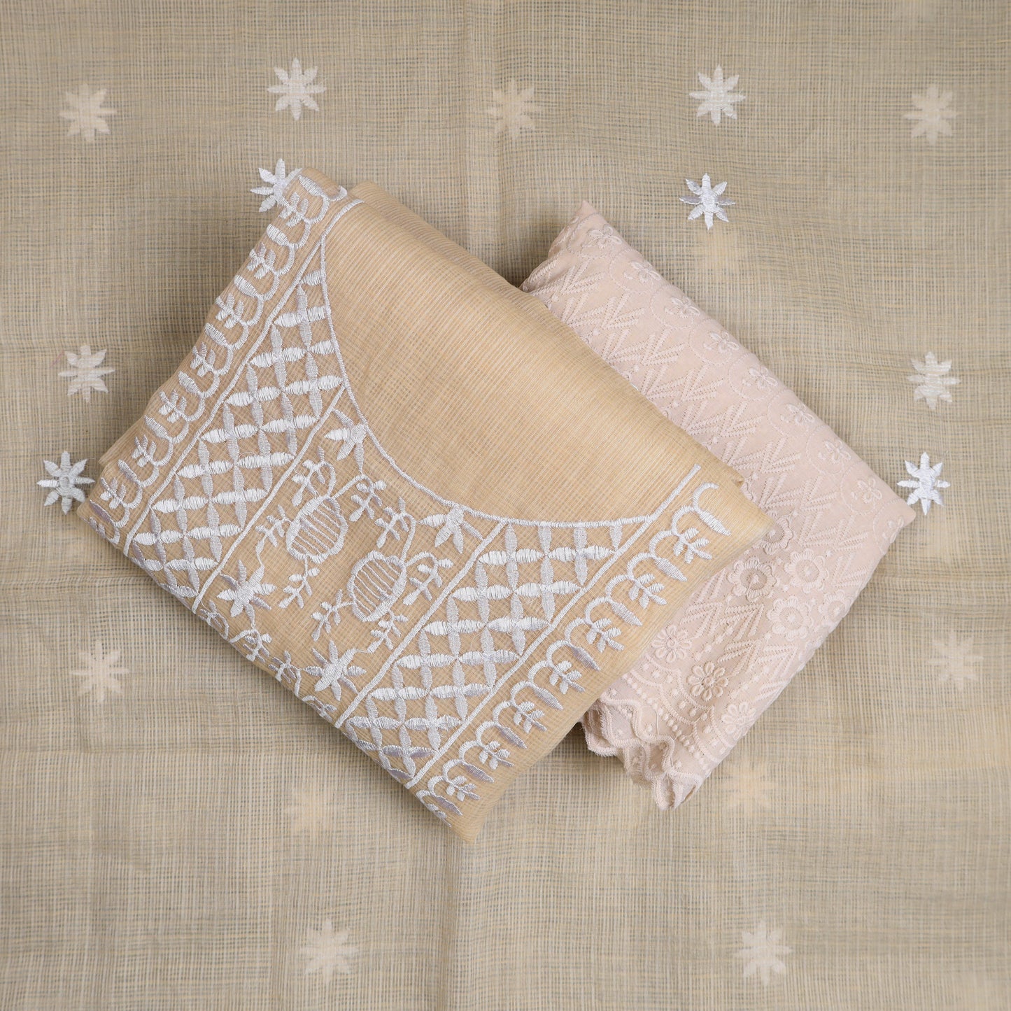 Beige 3pc Cotton Embroidered Kota Doria Dress Material