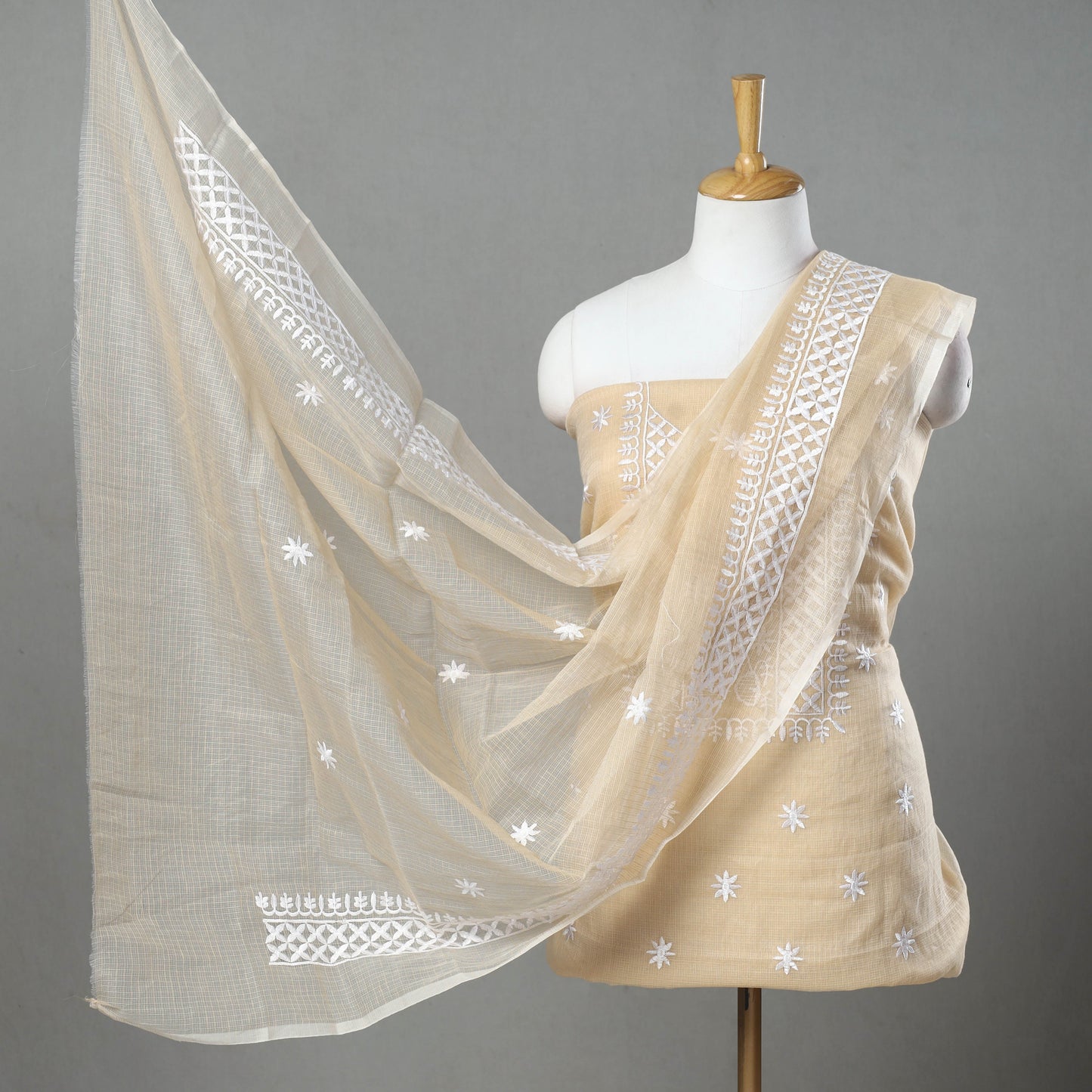 Beige 3pc Cotton Embroidered Kota Doria Dress Material