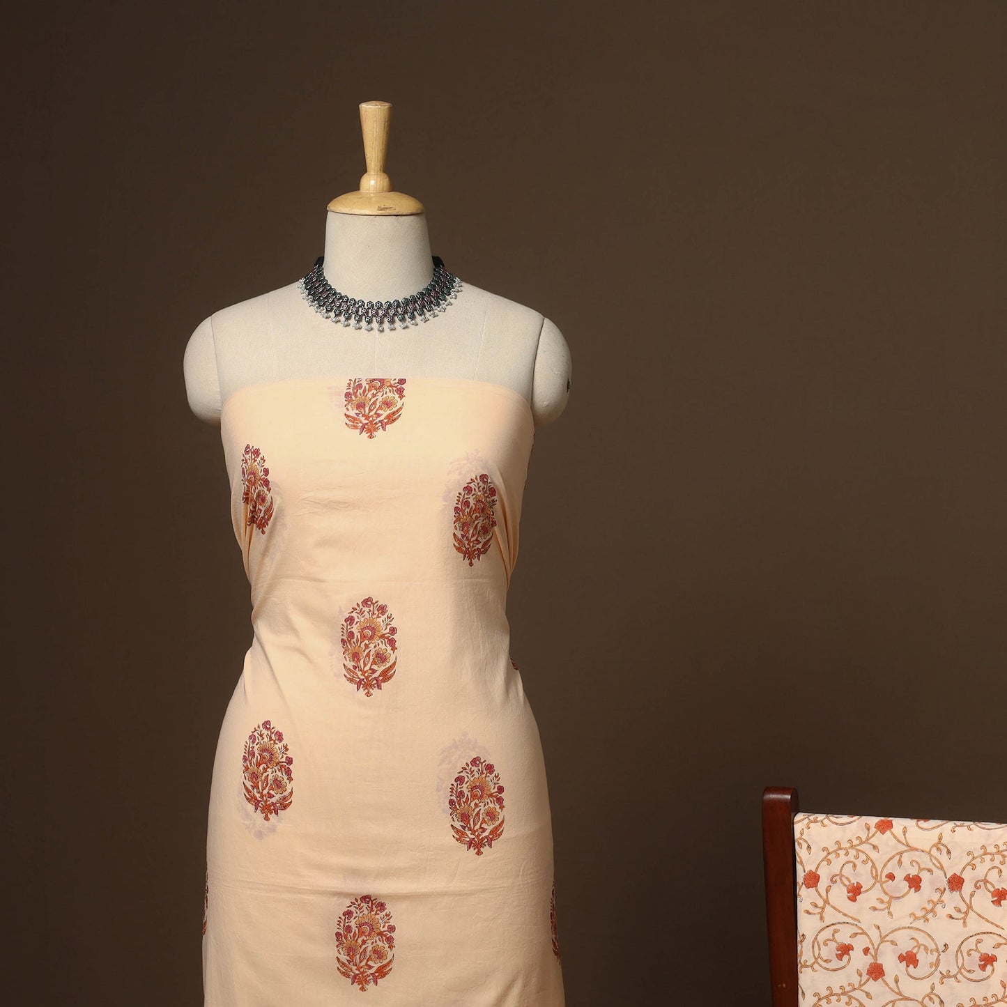 Beige - 3pc cotton hand sanganeri unstitched dress material