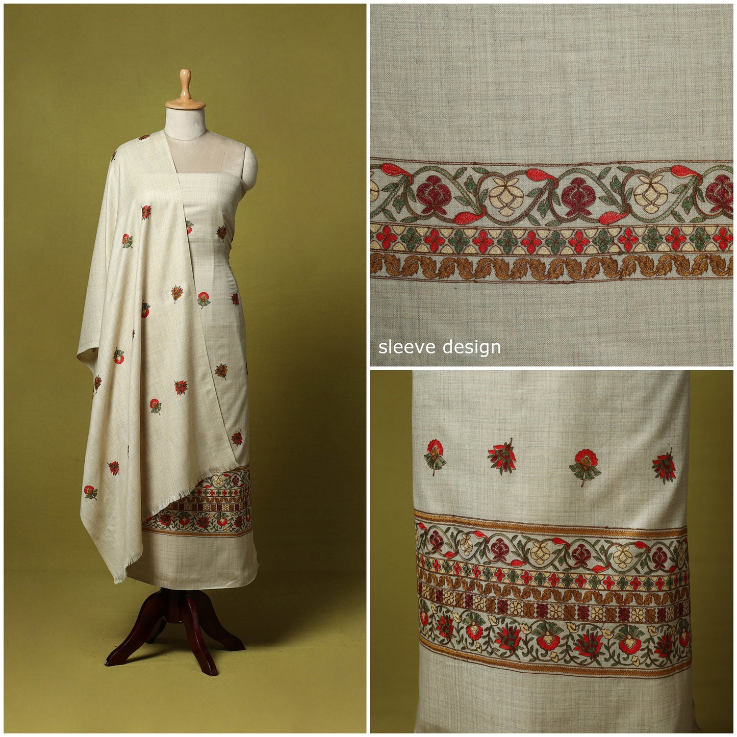 White - 3pc embroidered merino wool unstitched dress