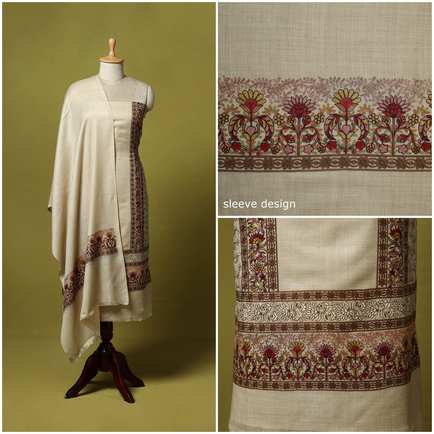 Beige - 3pc heavy chain stitch embroidered merino wool