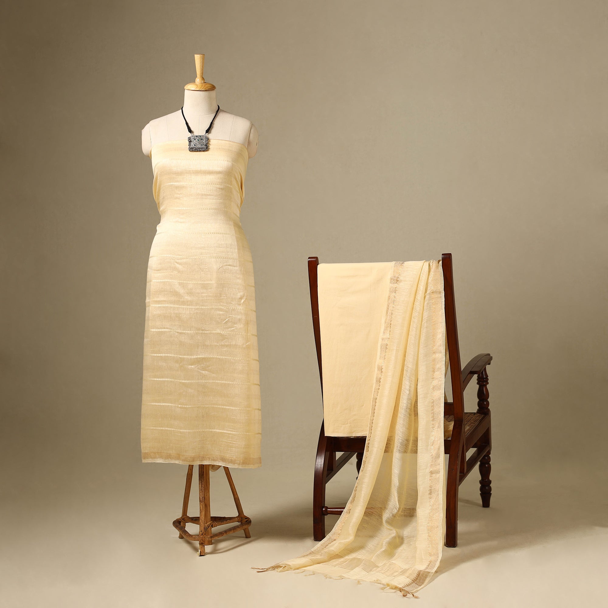 Beige 3pc Linen Silk Handloom Unstitched Plain Unstitched Dress Material  Suit Sets
