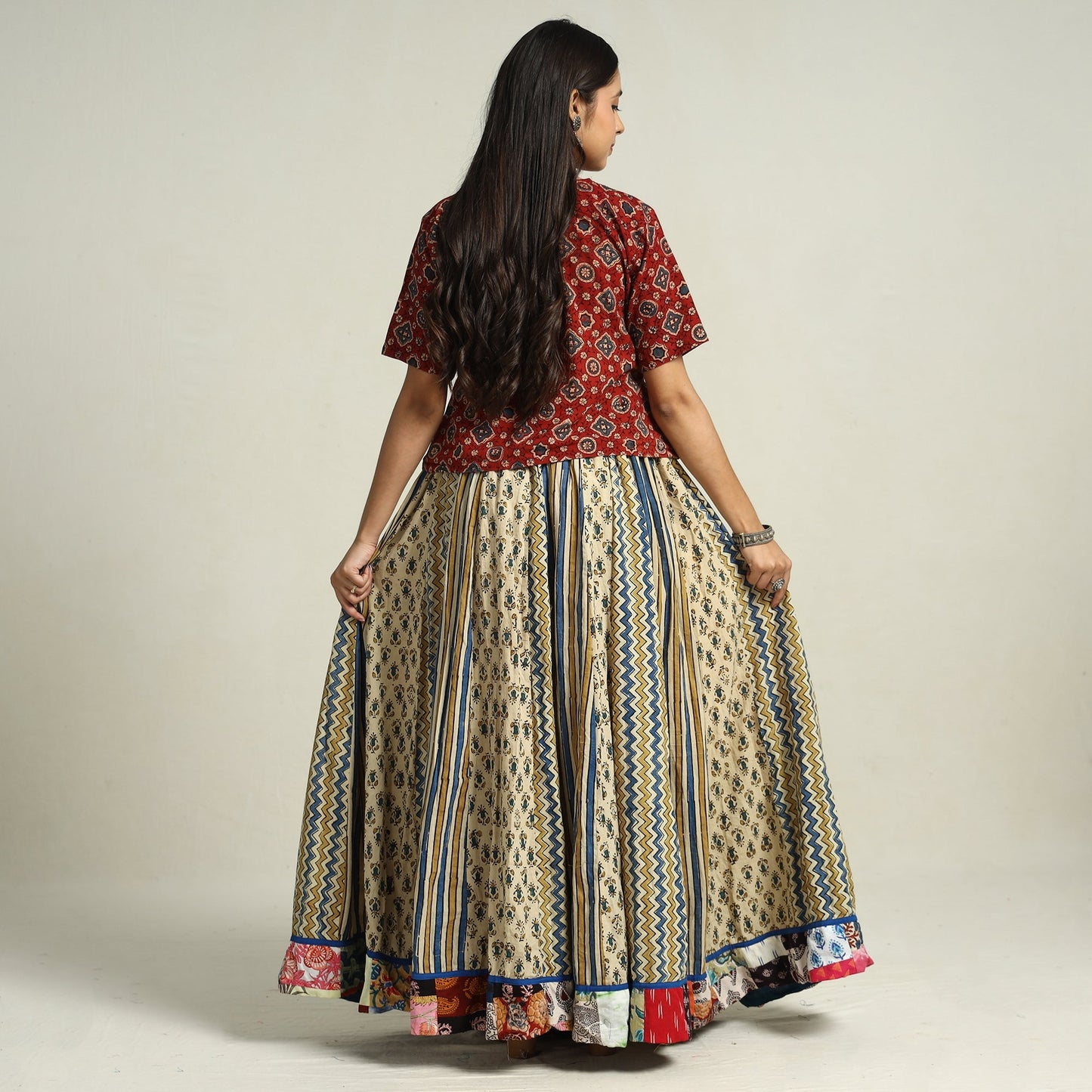 Ajrakh Block Printed 24 Kali Patchwork Cotton Long Skirt 36 Online at iTokri.com