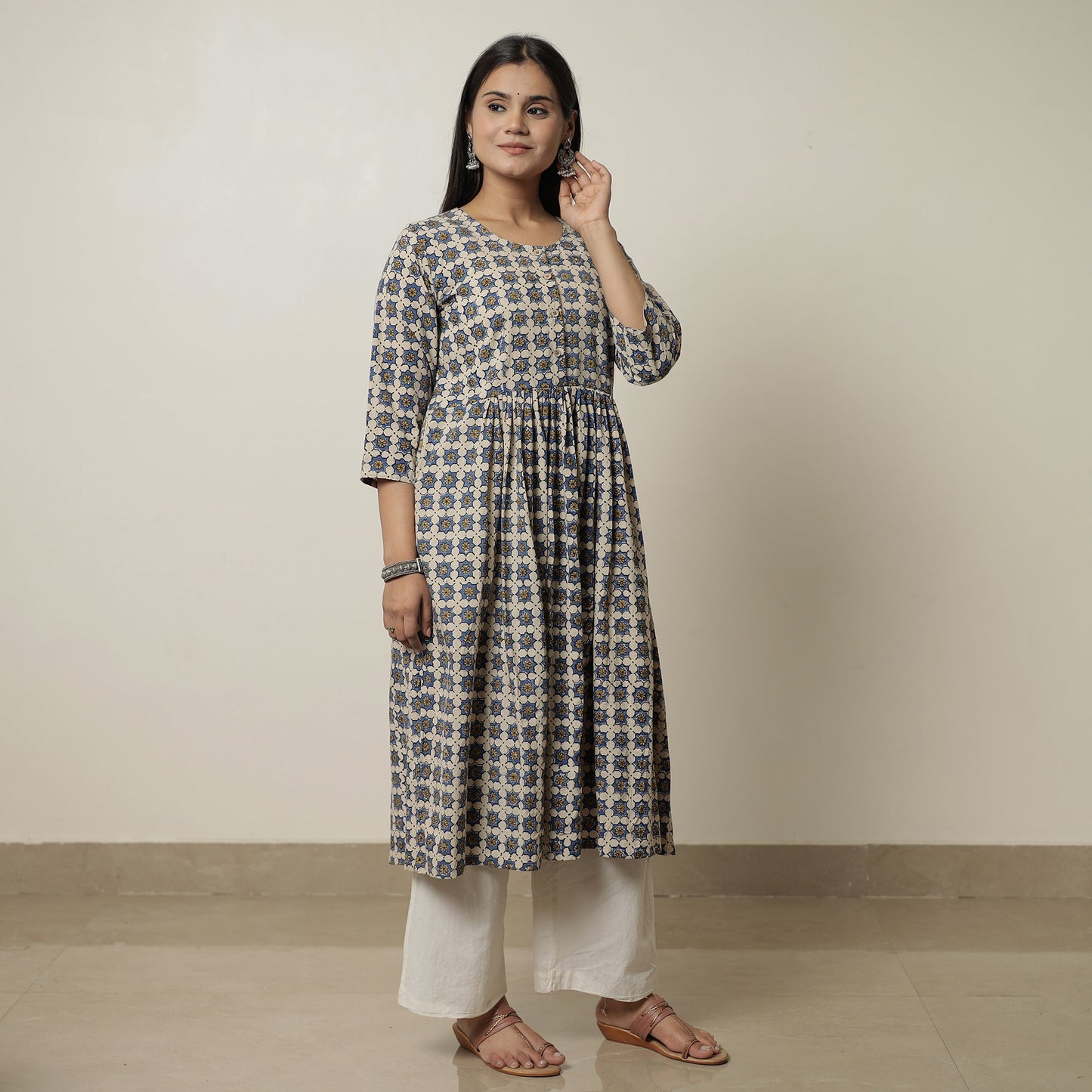 Ajrakh Block Printed Cotton Flared Kurta for Women