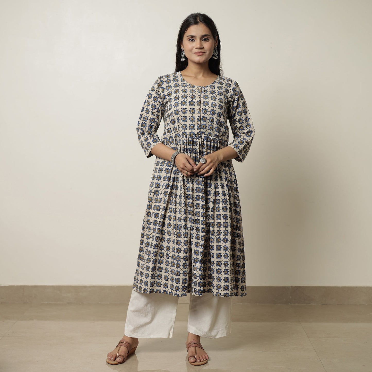 Ajrakh Block Printed Cotton Flared Kurta for Women