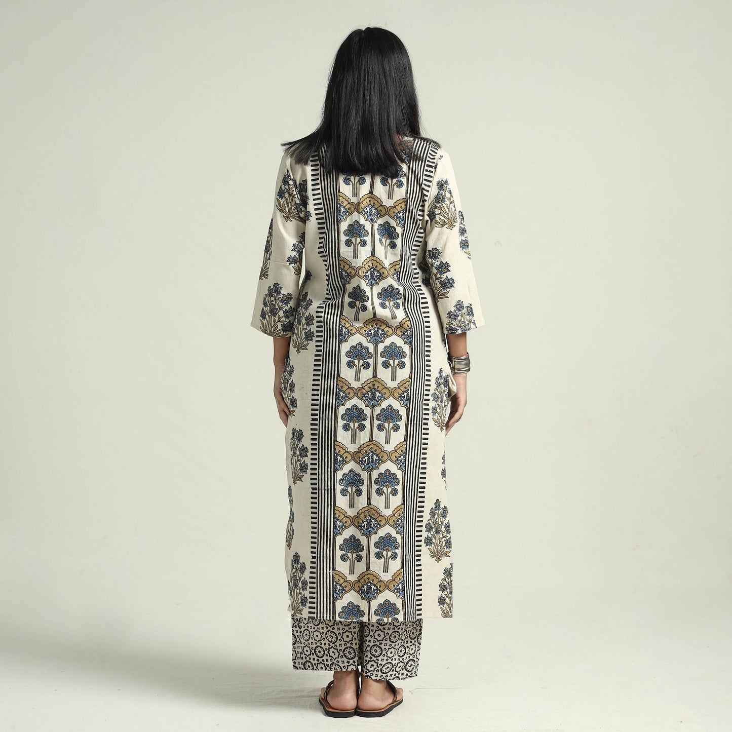 Ajrakh Block Printed Cotton Kurta With Palazzo & Dupatta Set