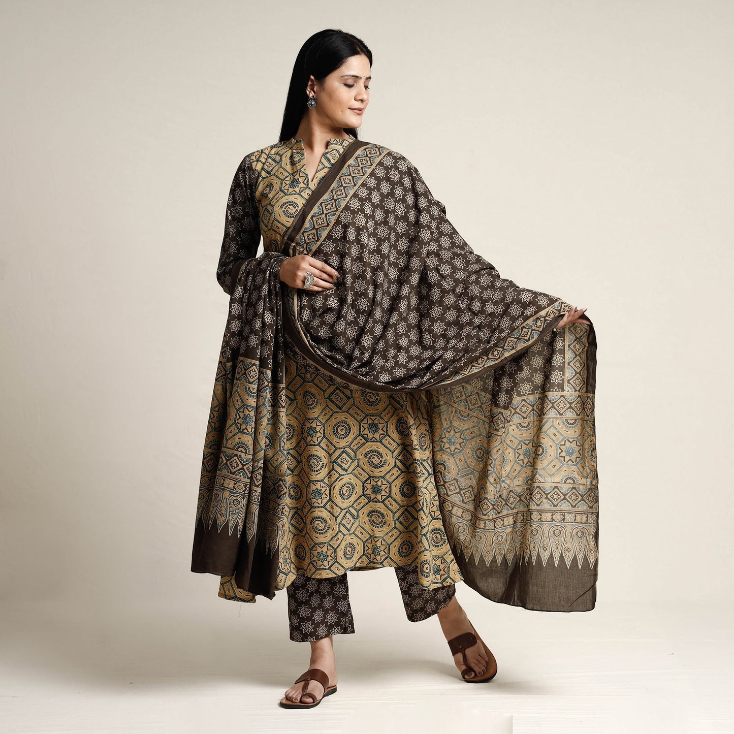 Buy Ajrakh Block Printed Cotton Kurta with Palazzo & Dupatta Set Online at iTokri.com