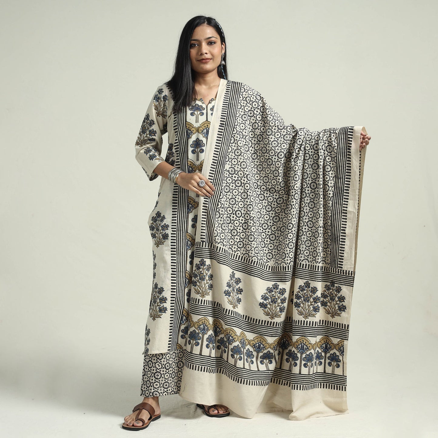 Ajrakh Block Printed Cotton Kurta With Palazzo & Dupatta Set
