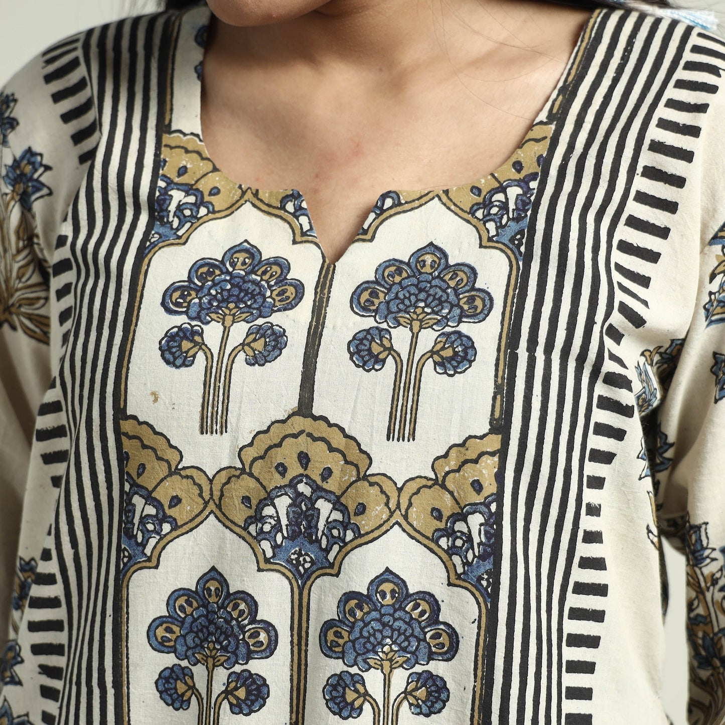Ajrakh Block Printed Cotton Kurta With Palazzo & Dupatta Set