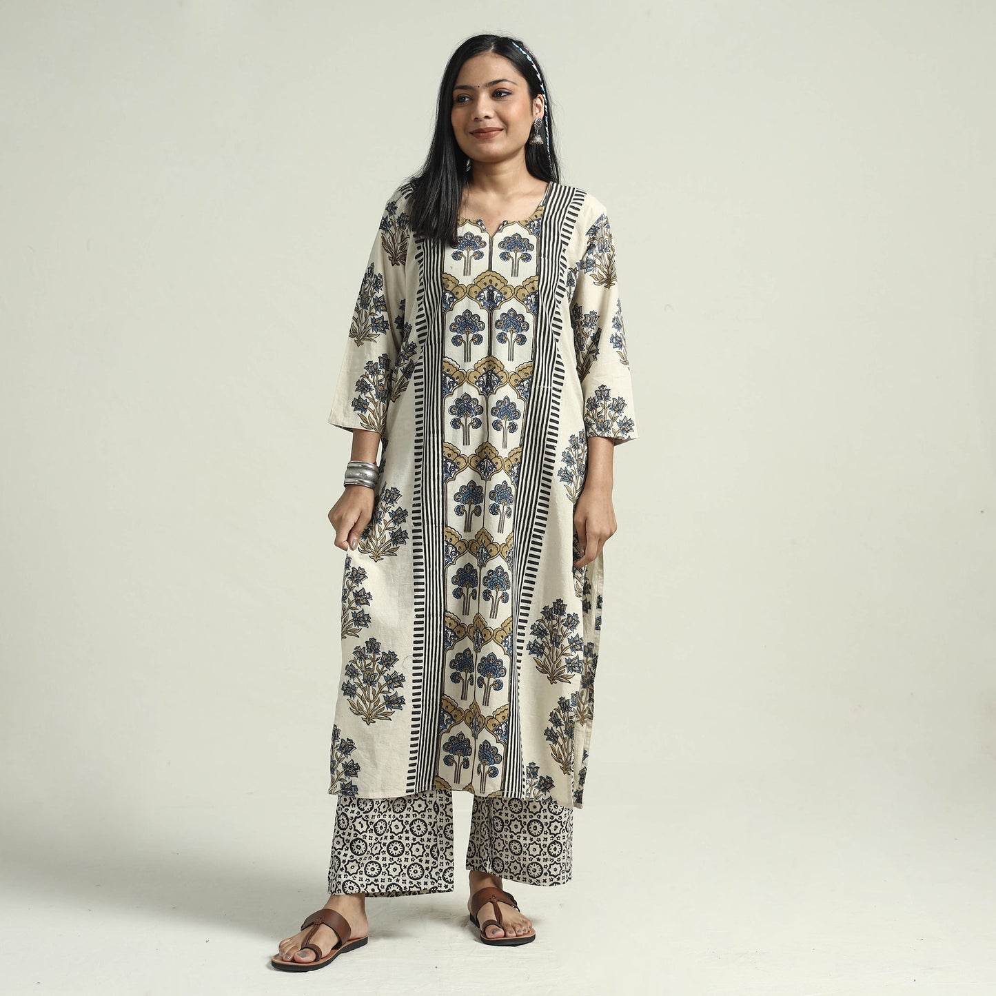 Ajrakh Block Printed Cotton Kurta With Palazzo & Dupatta Set