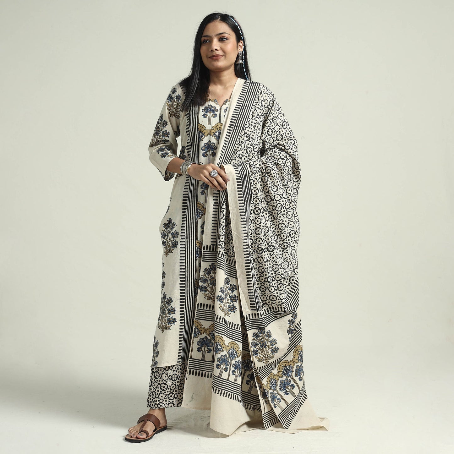 Ajrakh Block Printed Cotton Kurta With Palazzo & Dupatta Set