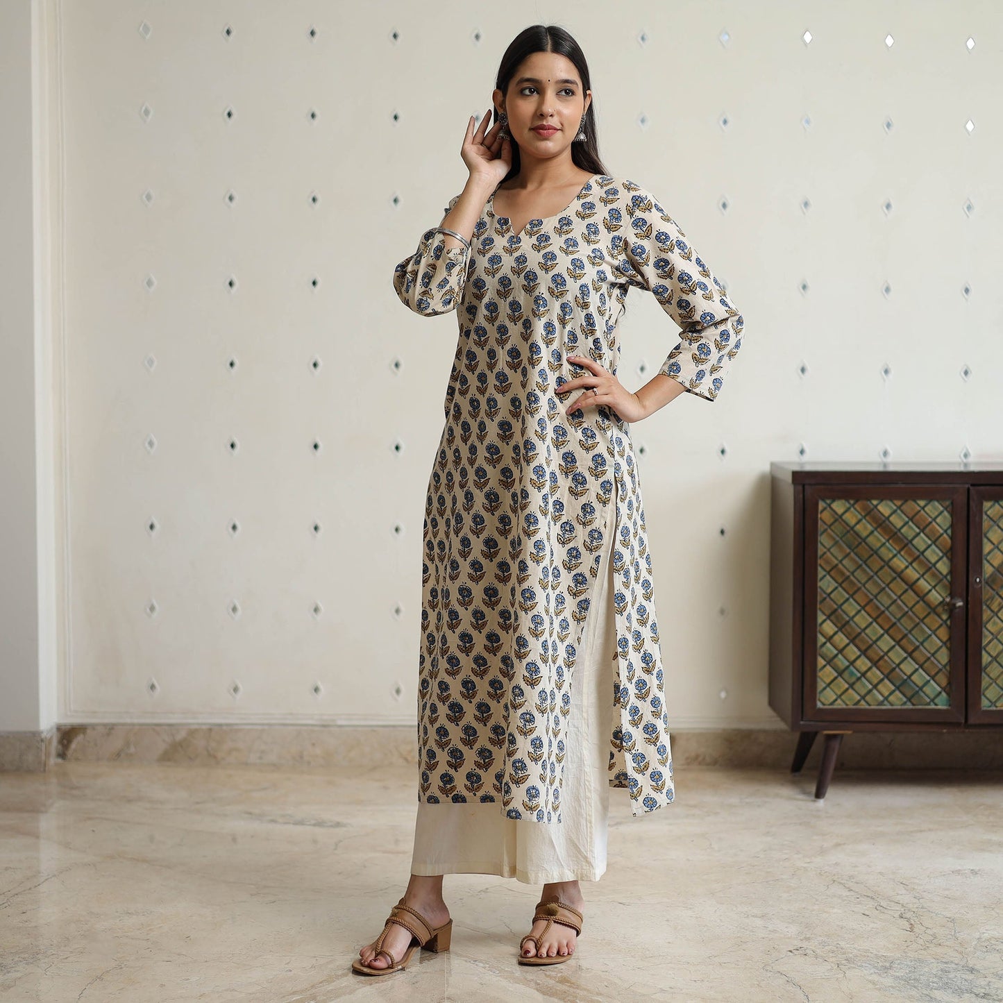 Ajrakh Block Print Cotton Long Straight Kurta for Women