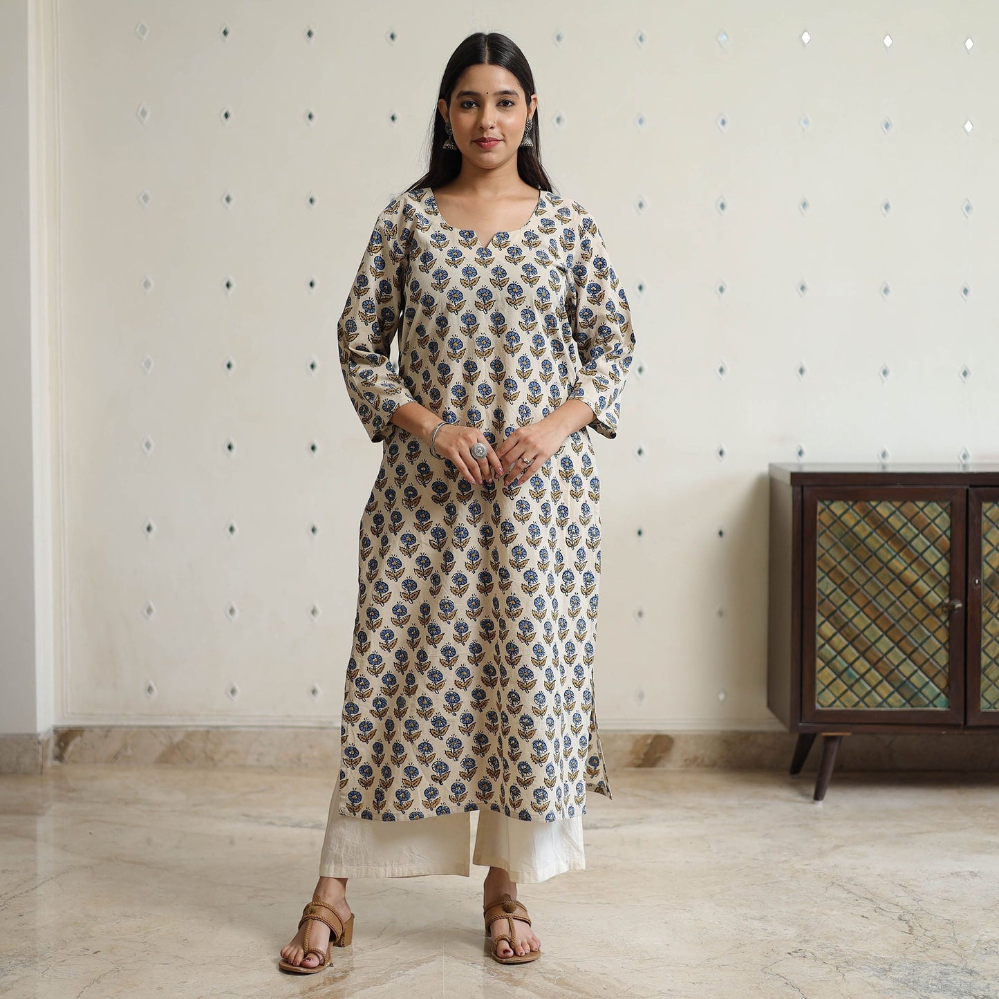 Ajrakh Block Print Cotton Long Straight Kurta for Women