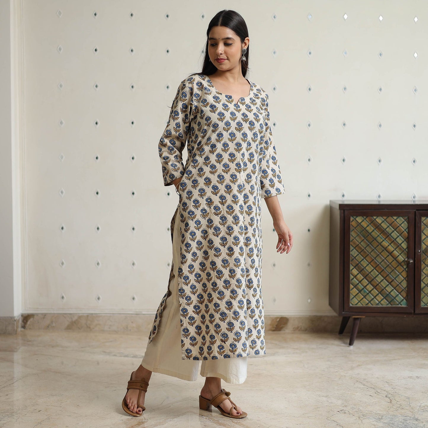 Ajrakh Block Print Cotton Long Straight Kurta for Women