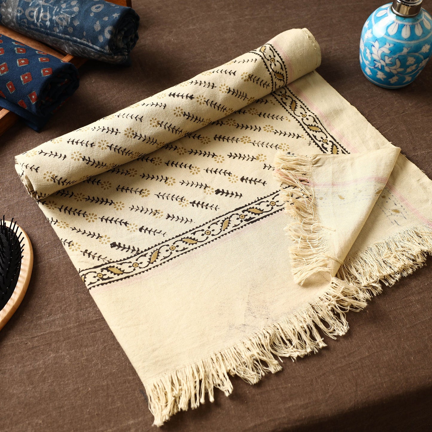 Beige Akola Block Printed Pure Handloom Cotton Towel