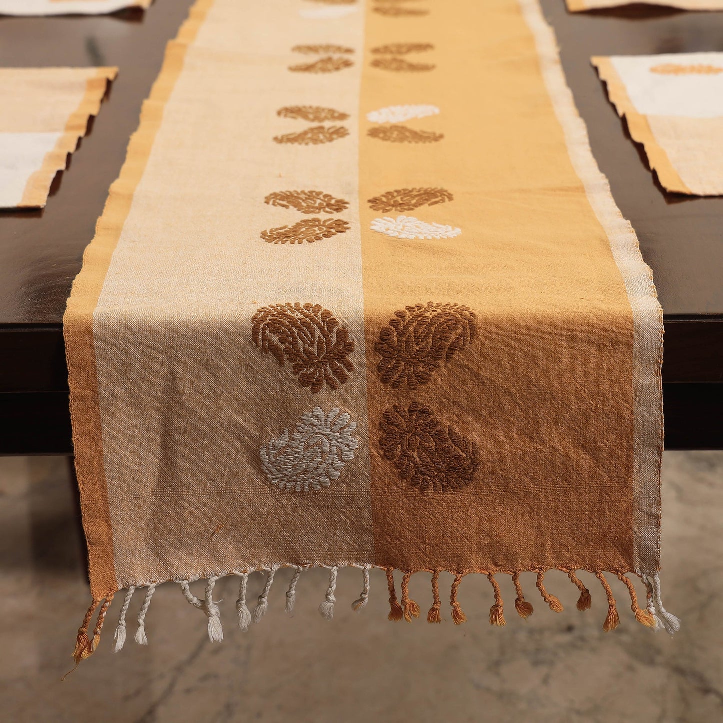 Beige Assam Weave Dining Table Runner & Set of 4 Placemats in Handloom Cotton