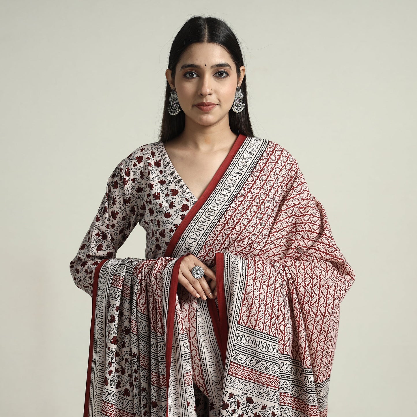 Bagh Block Printed Cotton Kurta with Palazzo & Dupatta Set 02