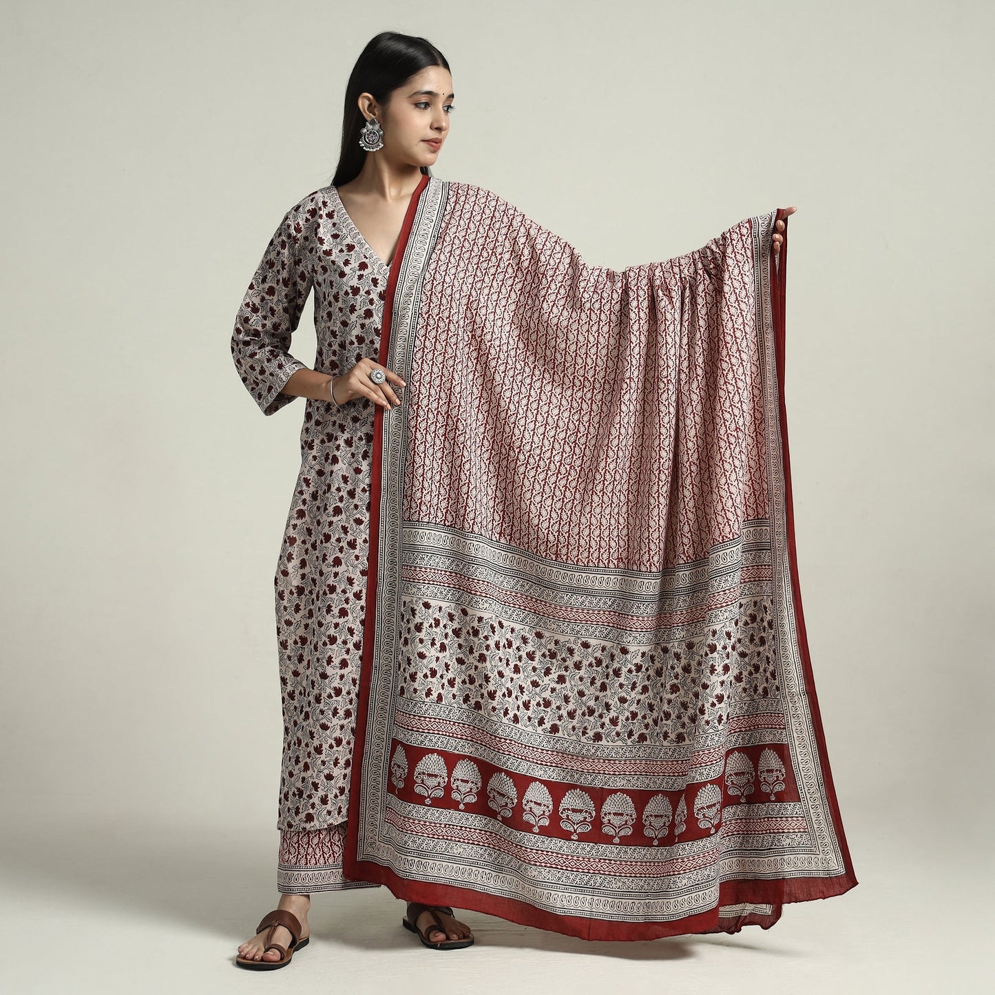 Bagh Block Printed Cotton Kurta with Palazzo & Dupatta Set 02