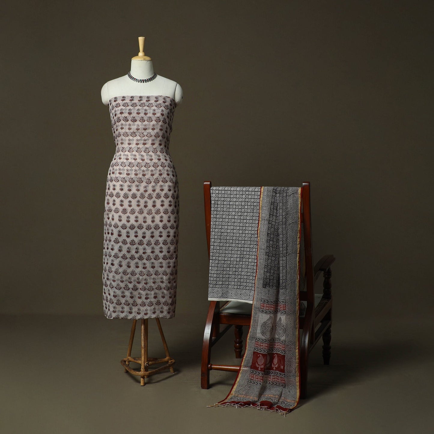 Bagh hand block print natural dyed kota doria cotton 3pc