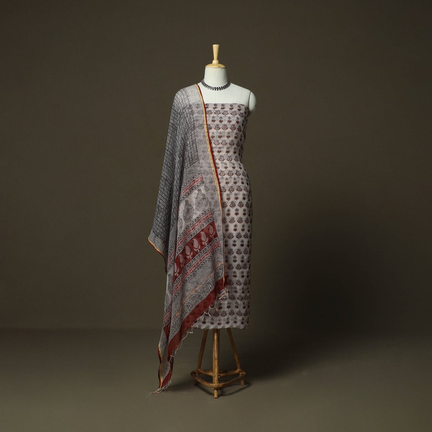 Bagh hand block print natural dyed kota doria cotton 3pc