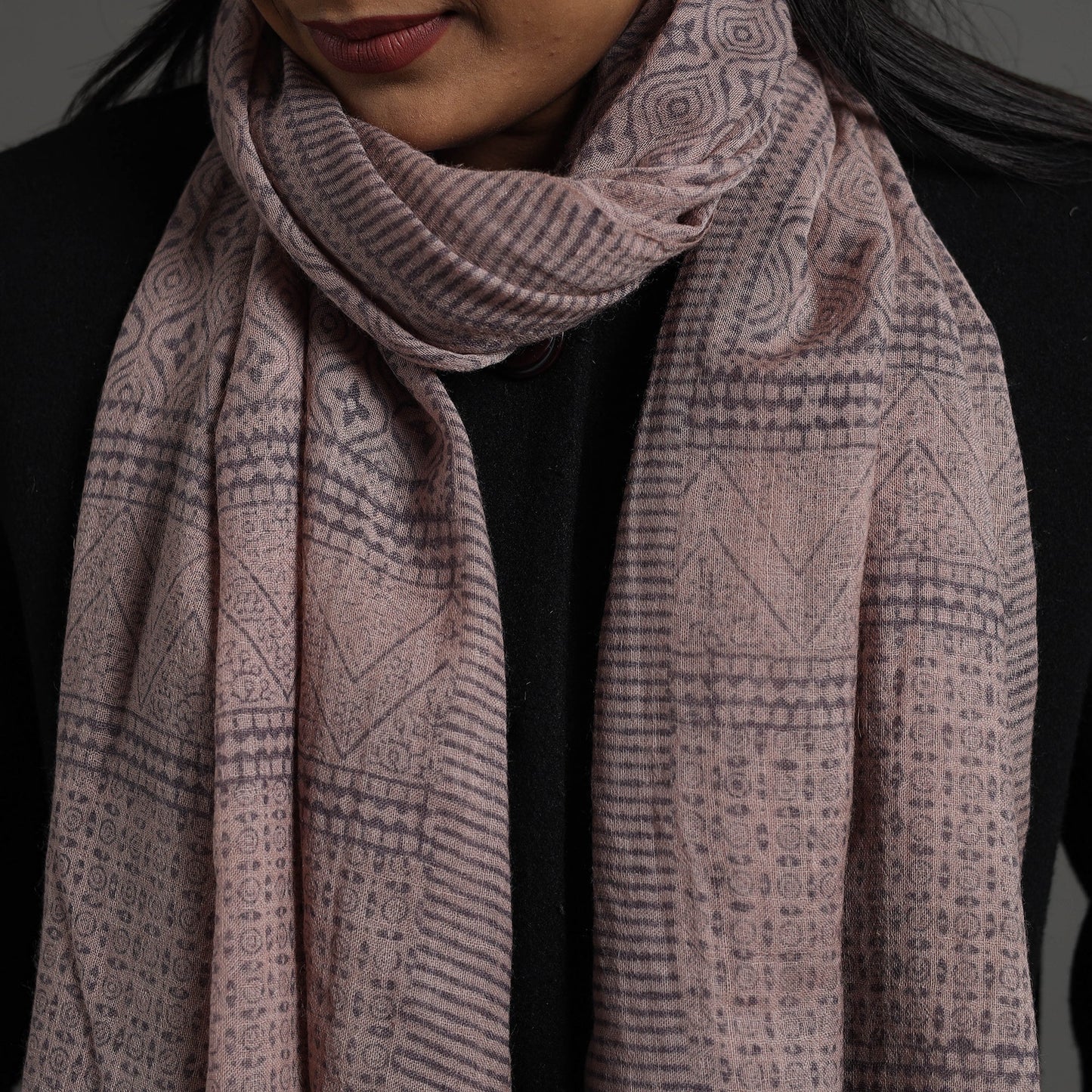 Beige - bagh hand printed merino woollen stole 49