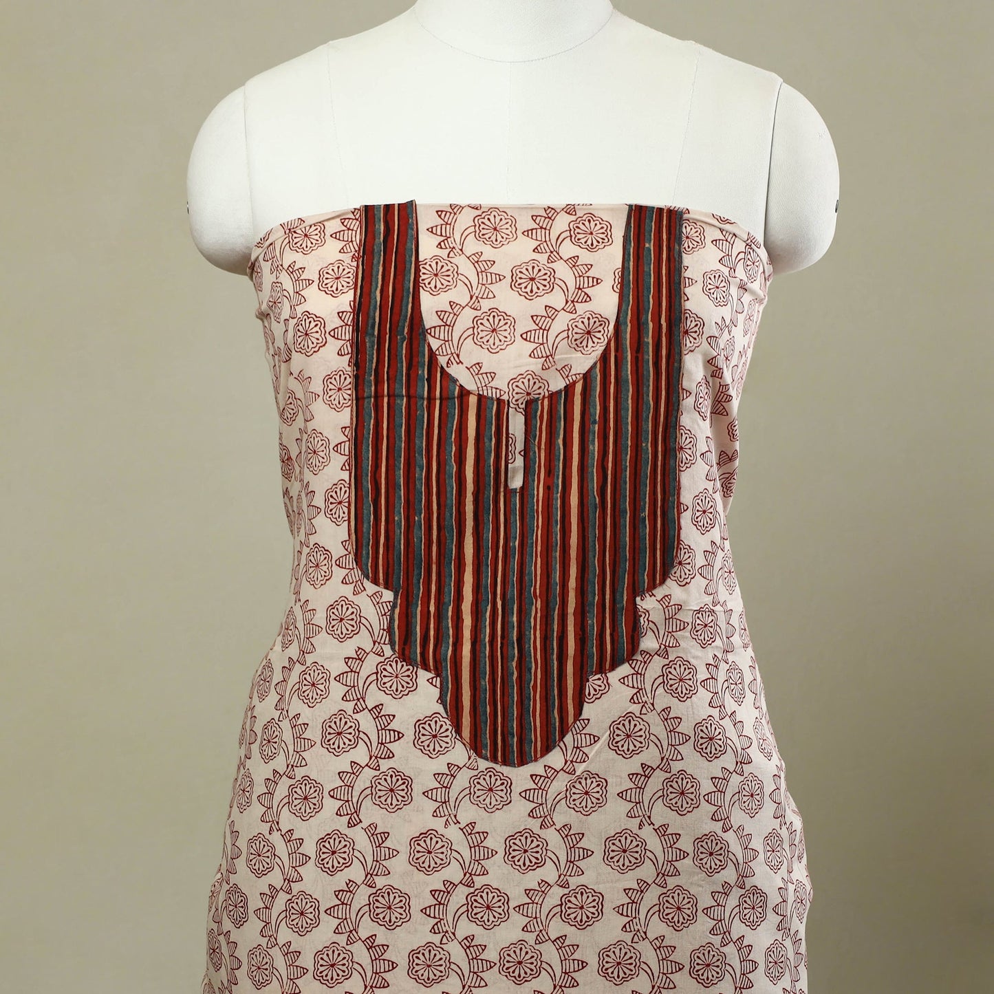 Beige Bagh Print Patchwork Cotton Kurta Material