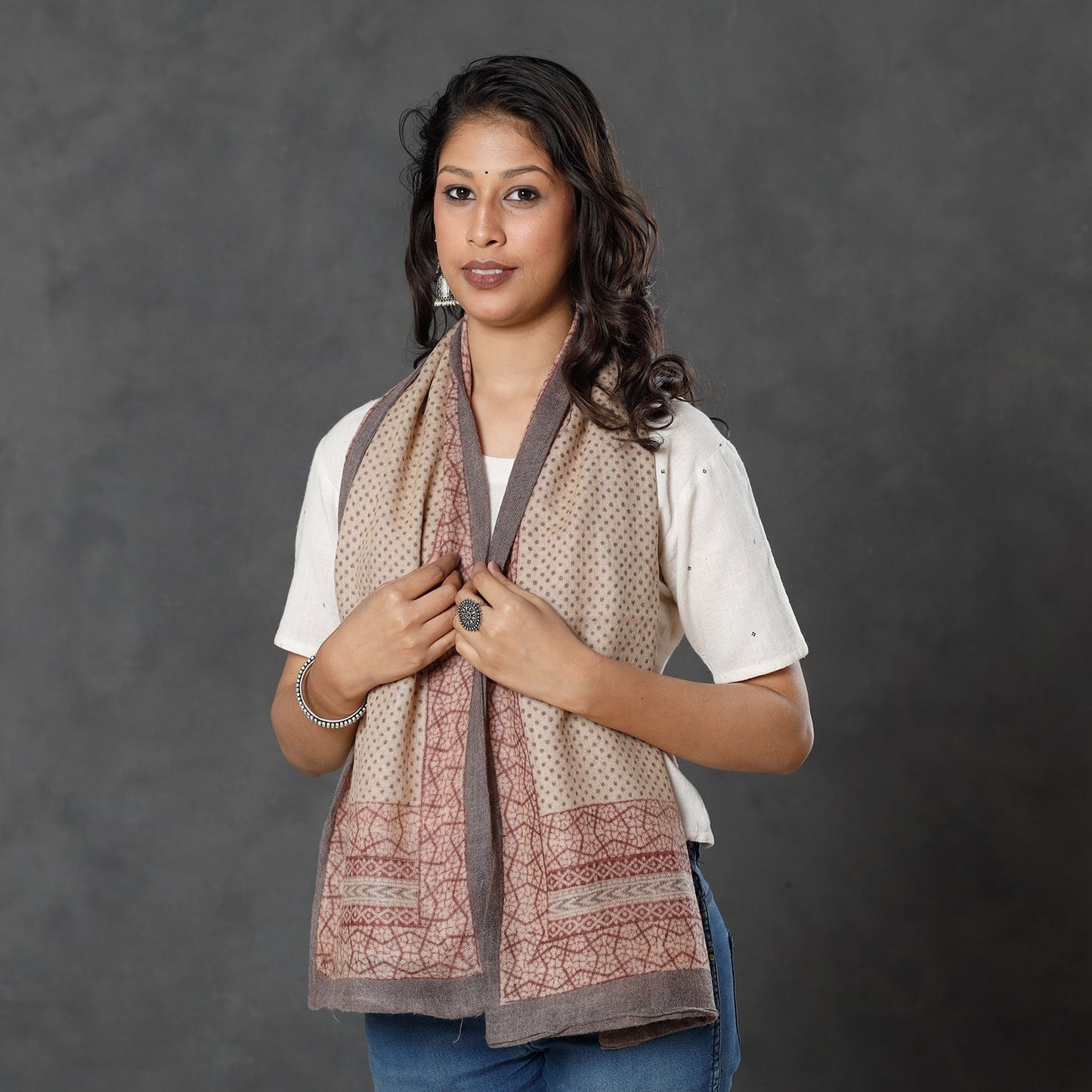 Bagh Block Printed Natural Dyed Woolen Muffler (61 in)