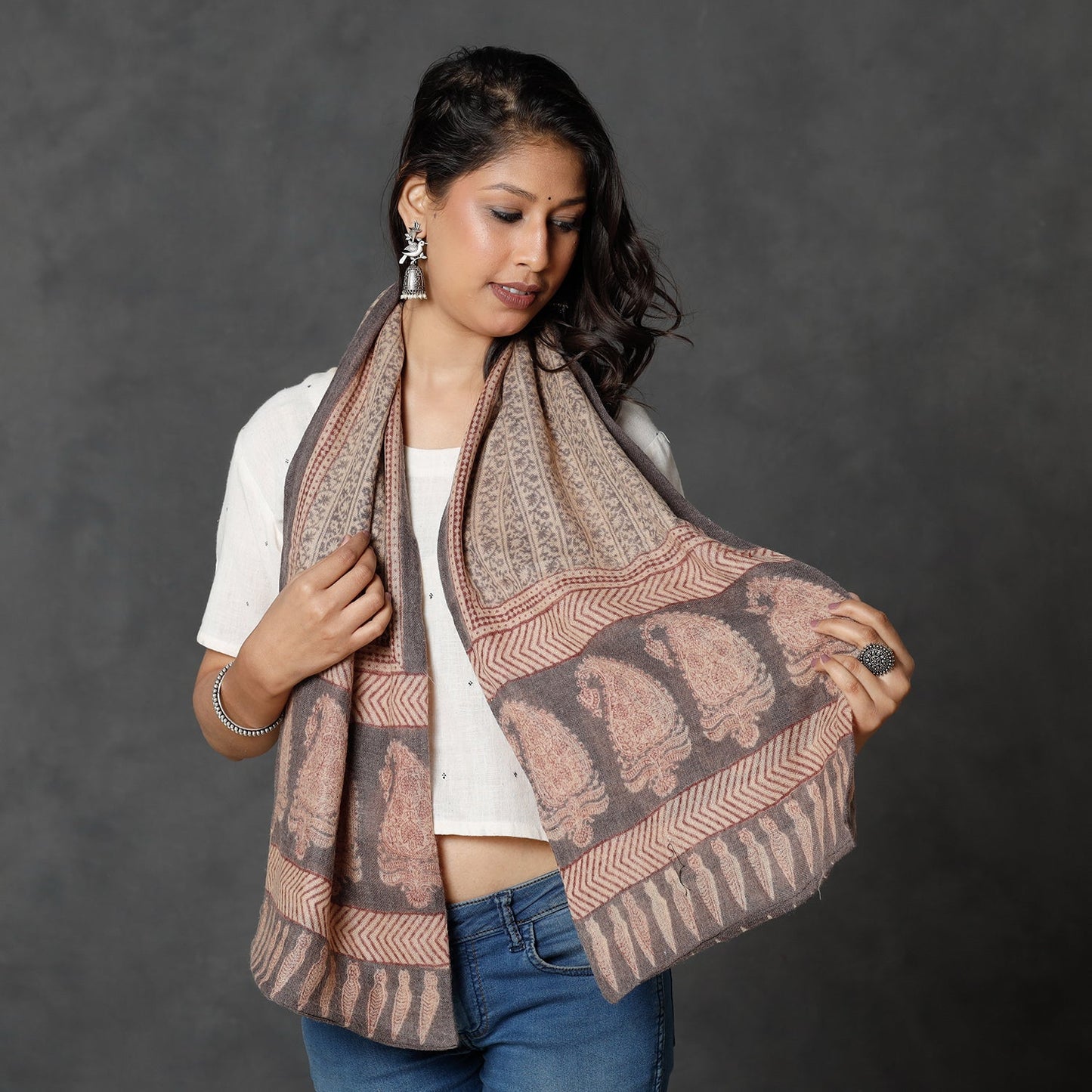 Bagh Block Printed Natural Dyed Woolen Muffler (61 in)