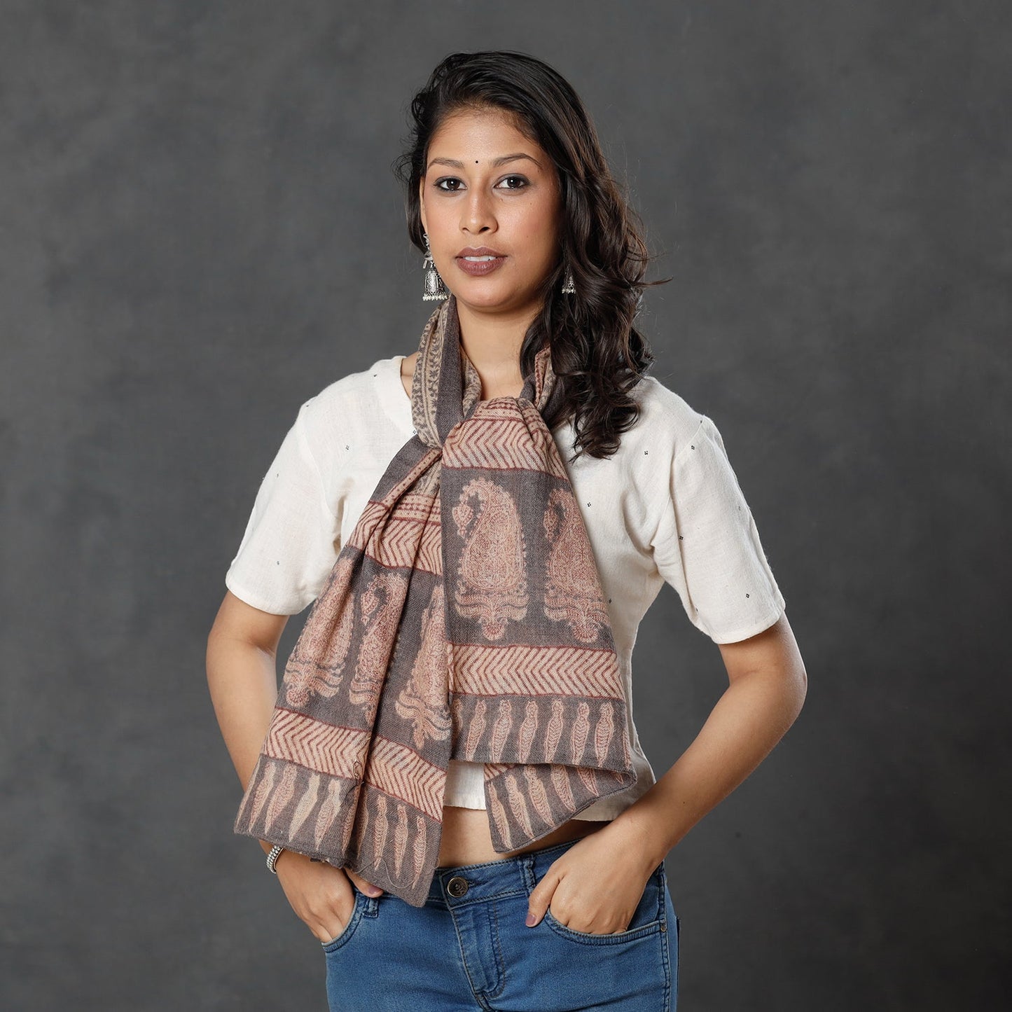Bagh Block Printed Natural Dyed Woolen Muffler (61 in)
