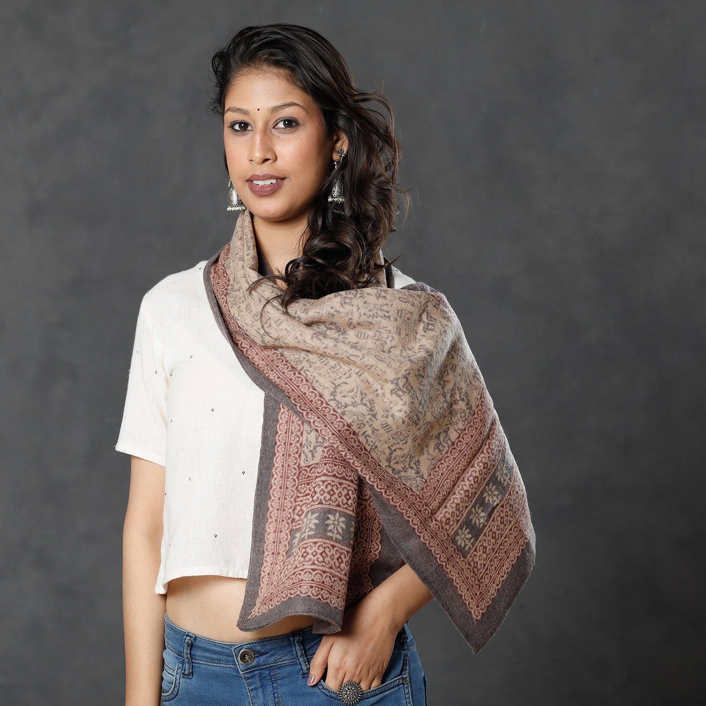 Bagh Block Printed Natural Dyed Woolen Muffler (61 in)